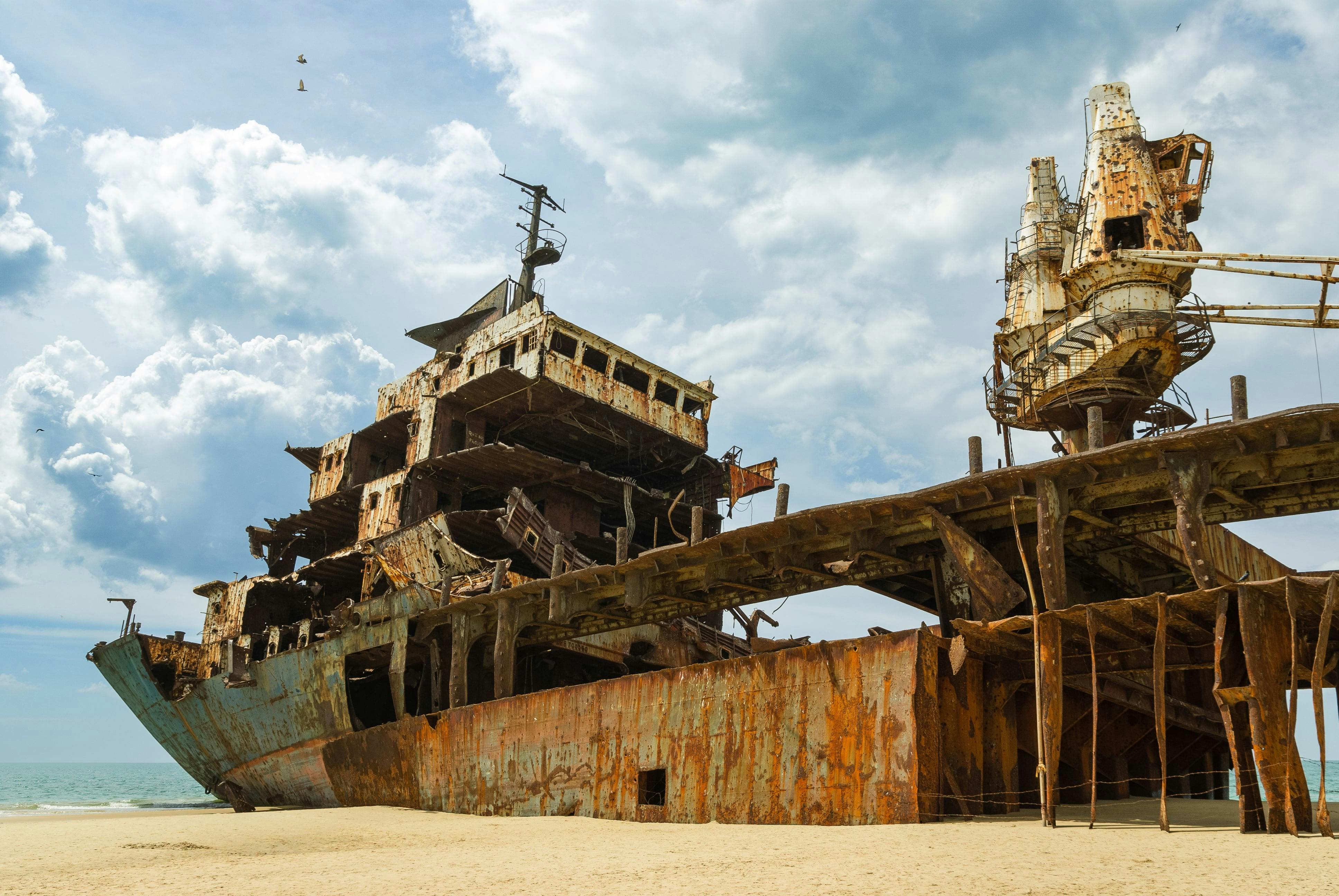 Shipwreck stranded on the coast in the northeast of Sri Lanka