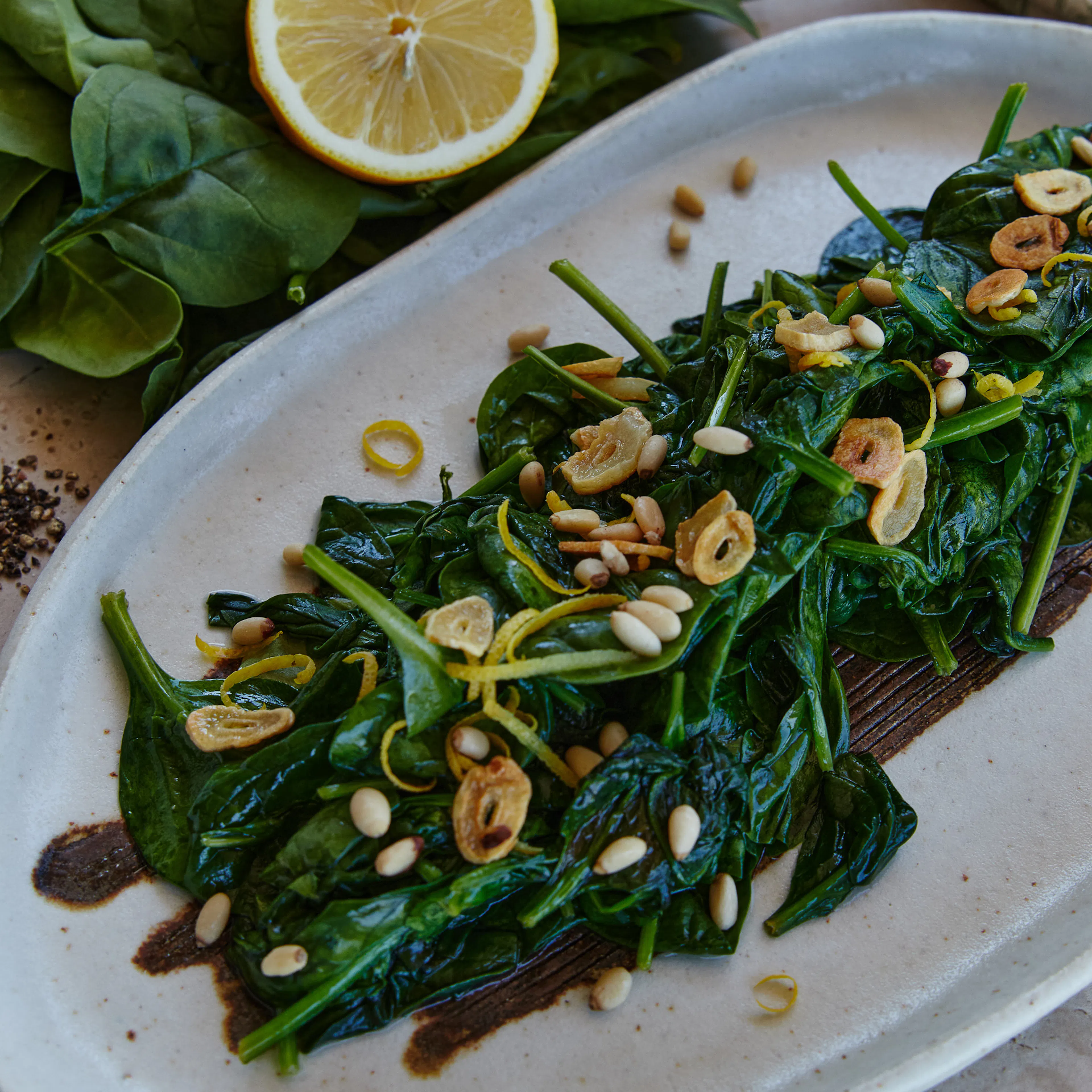 Garlic Sautéed Spinach with Chilli, Lemon & Toasted Pine Nuts final plate