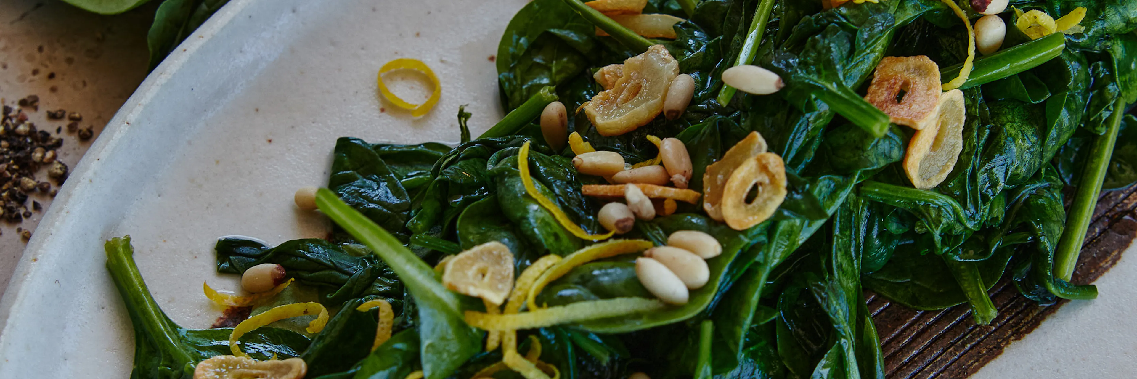 Garlic Sautéed Spinach with Chilli, Lemon & Toasted Pine Nuts final plate