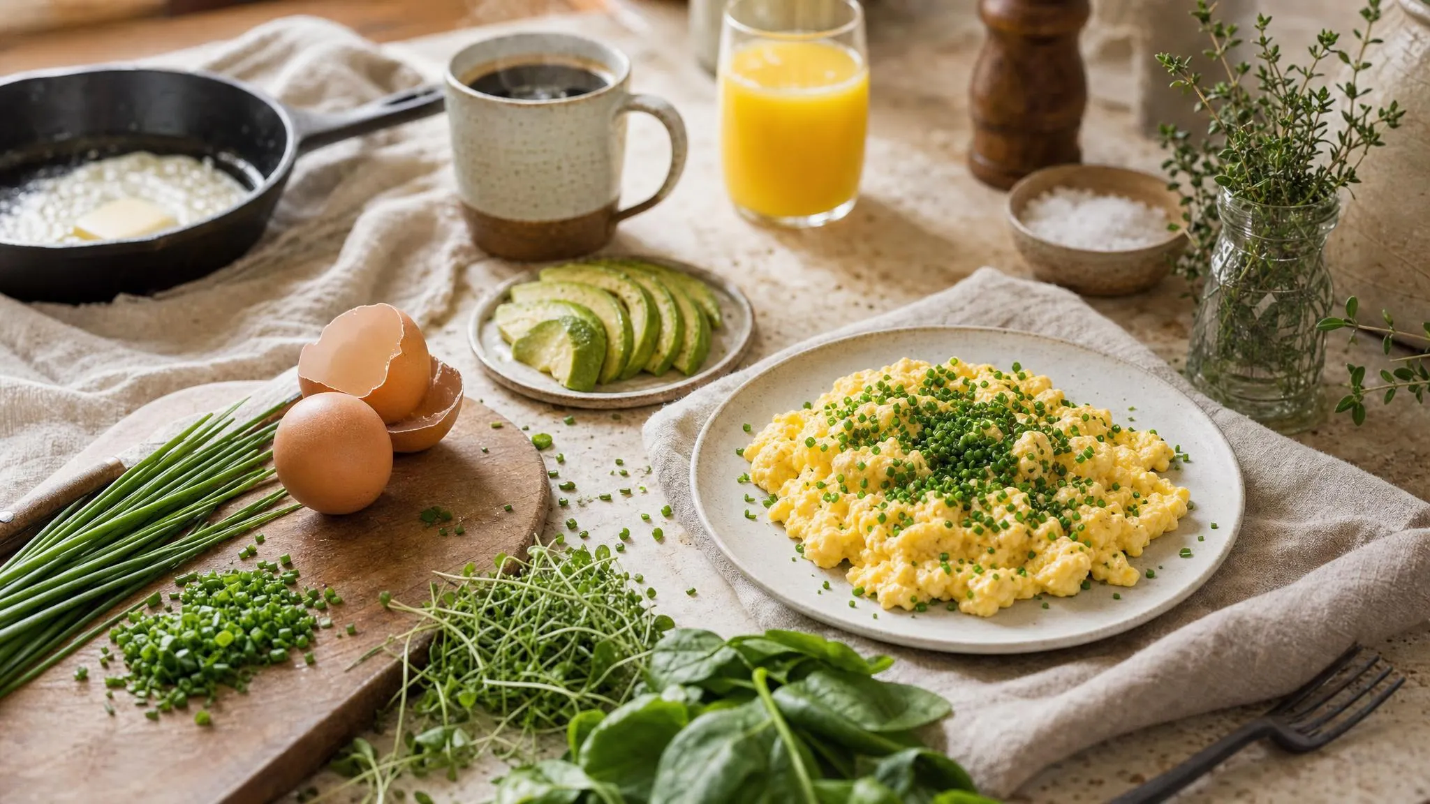 Chives over eggs breakfast
