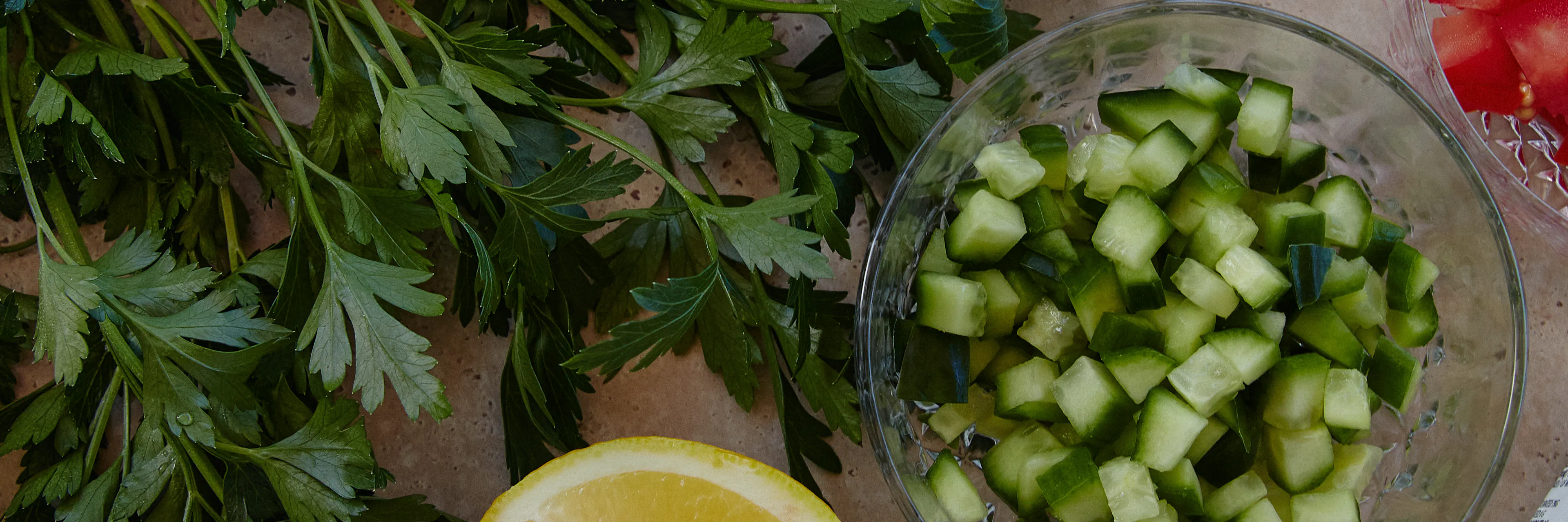 Fresh Persian Shirazi Salad ingredient flatlay