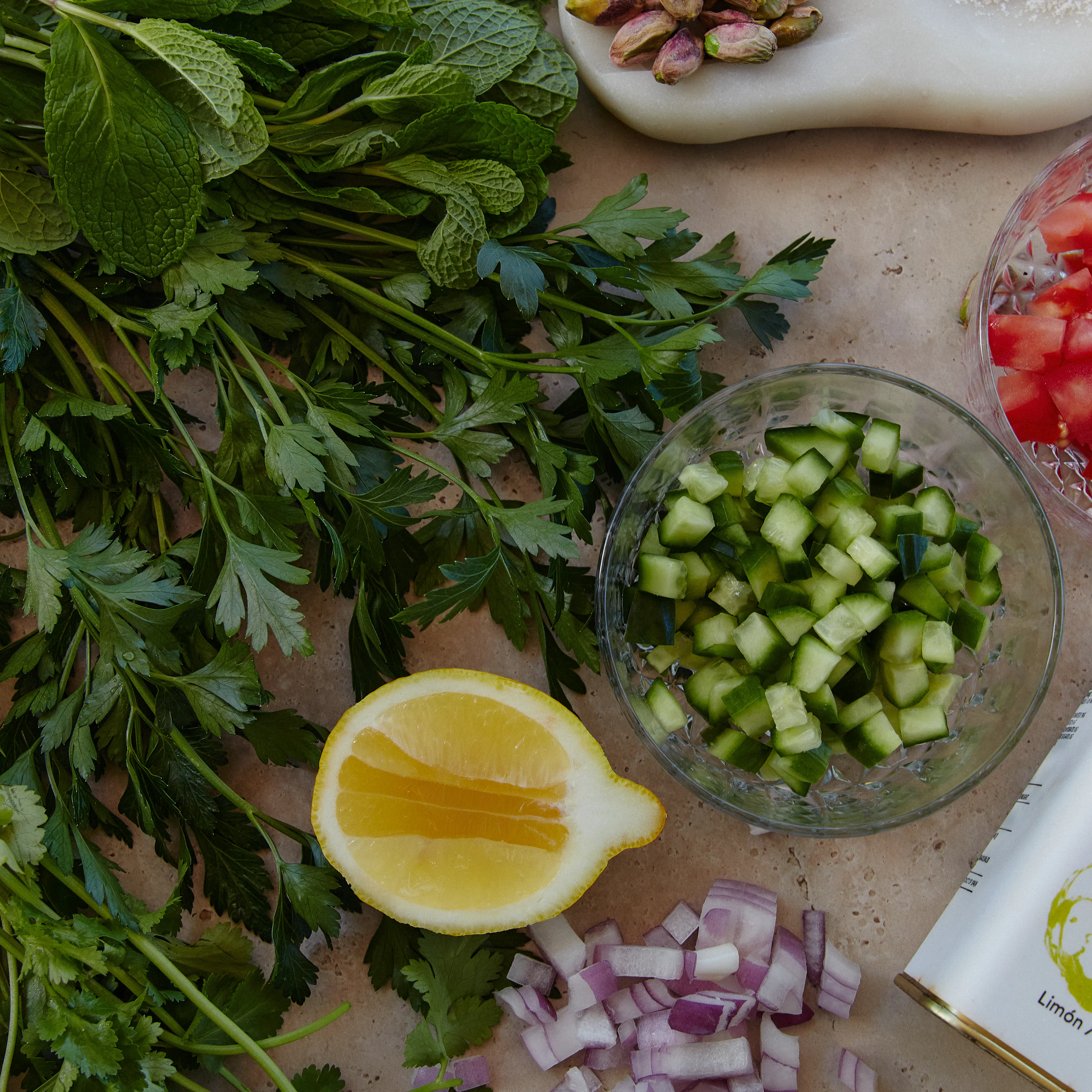 Fresh Persian Shirazi Salad ingredient flatlay
