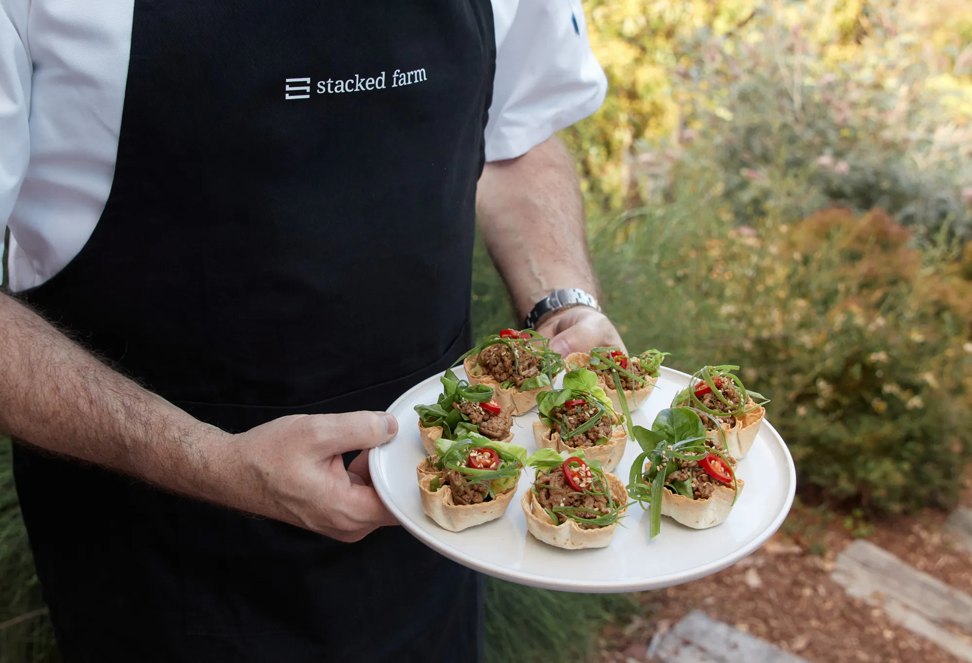 Dave Stacked Farm Chef holding lettuce cups on plate