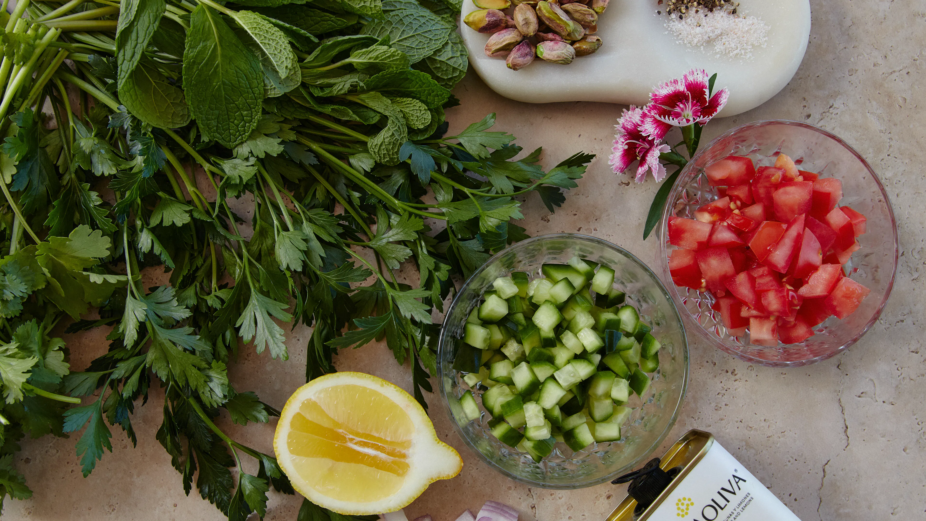 Fresh Persian Shirazi Salad ingredient flatlay
