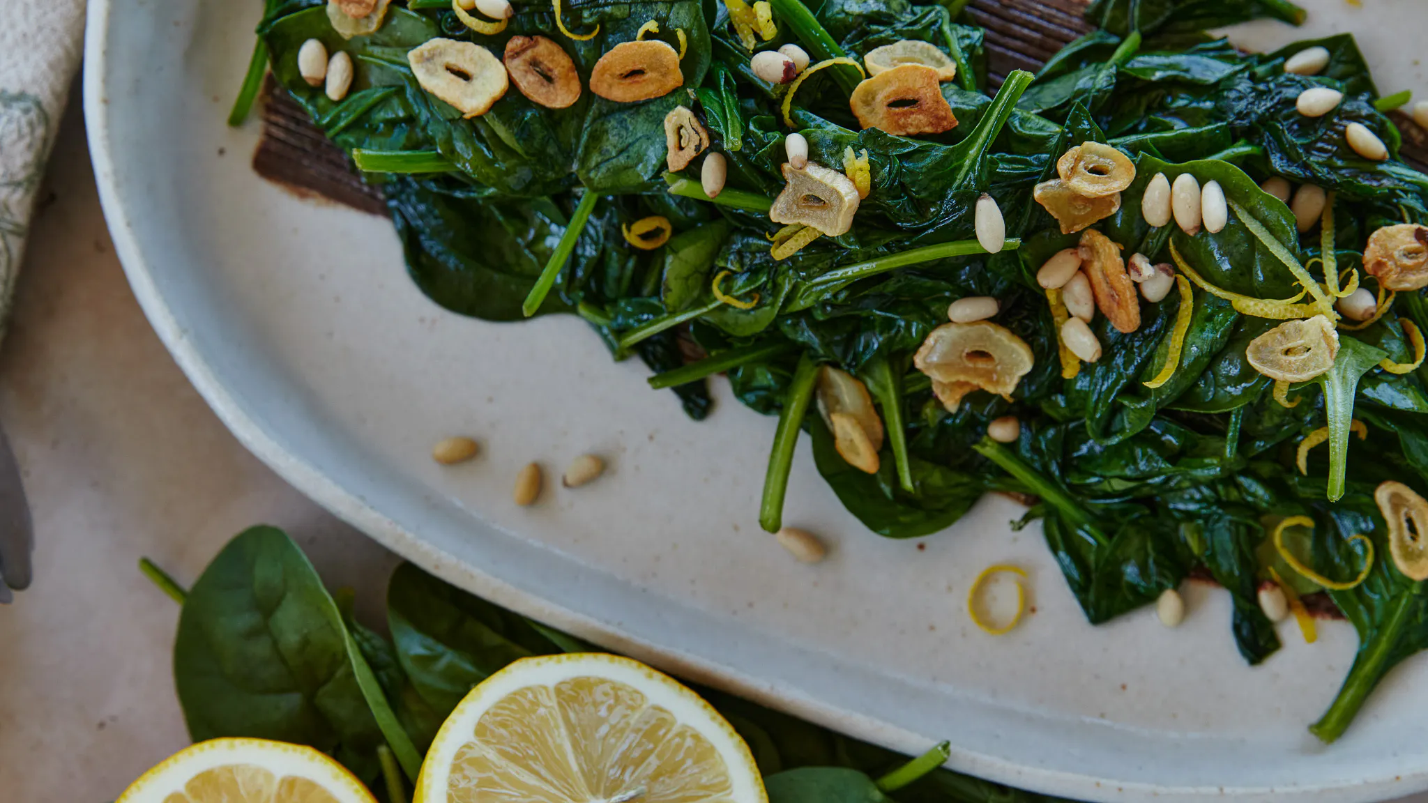 Garlic Sautéed Spinach with Chilli, Lemon & Toasted Pine Nuts final plate another angle