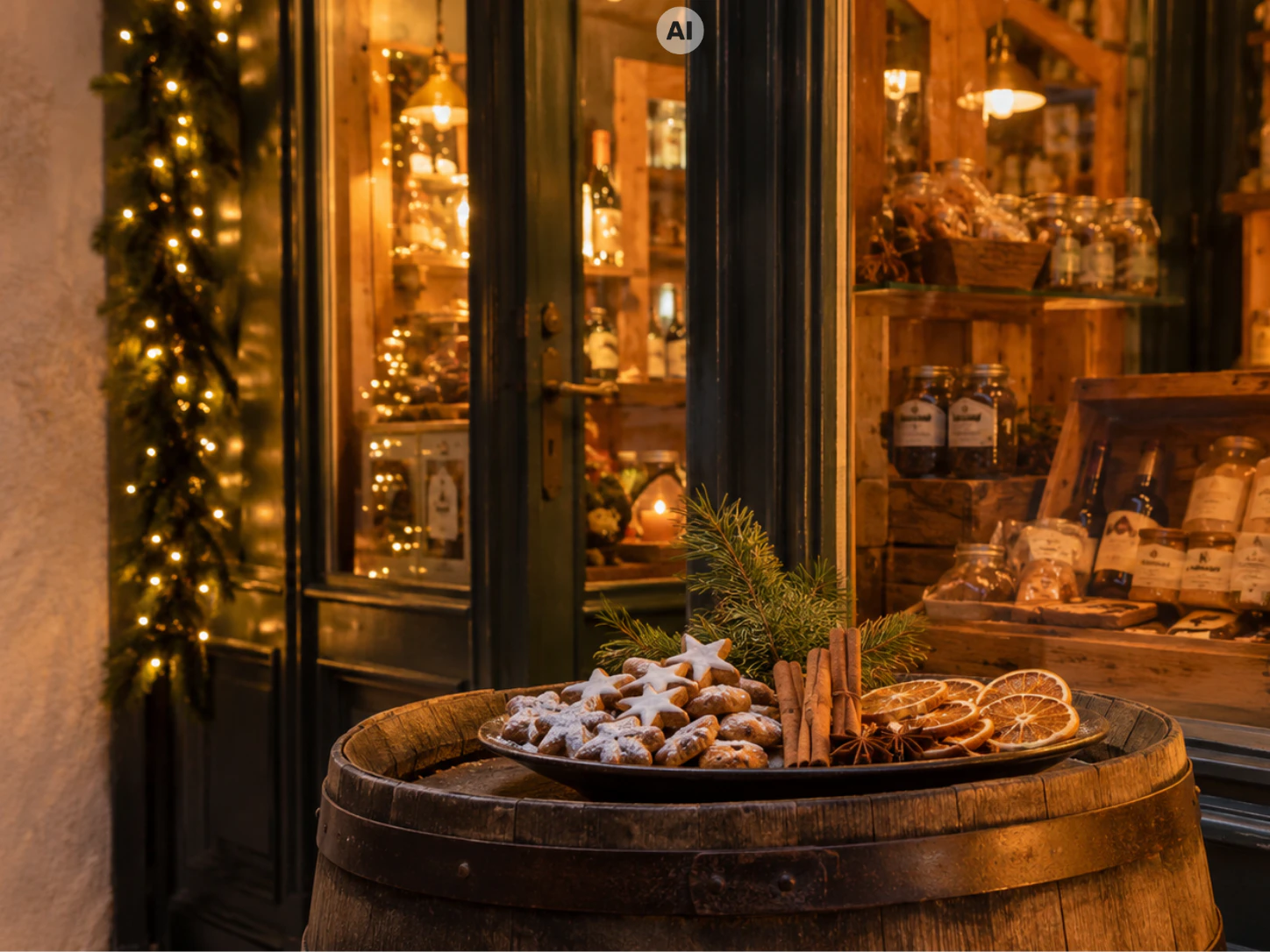 Plätzchen und weihnachtliche Gewürze auf einem Teller vor einem weihnachtlich dekorierten Schaufenster