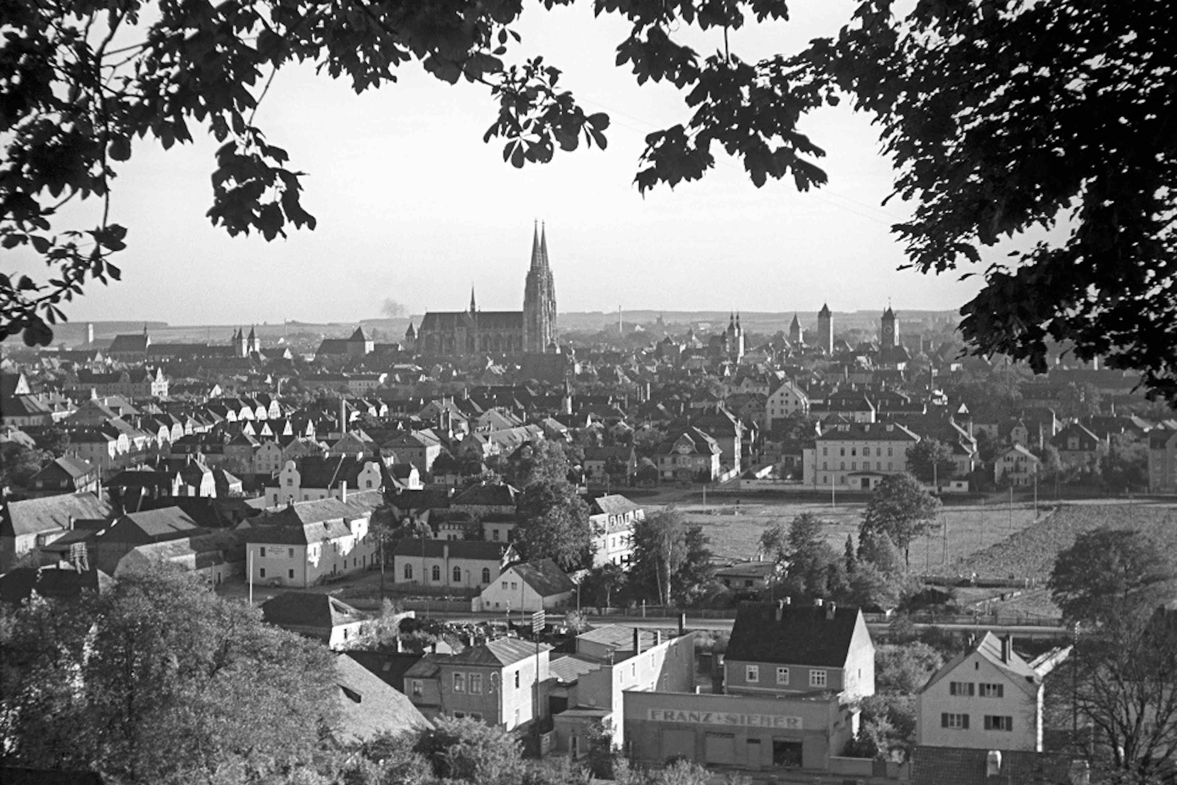 Schwarz-weiß Bild von Regensburg aus der Entfernung mit Blick auf die Häuser, die Skyline und den Dom.