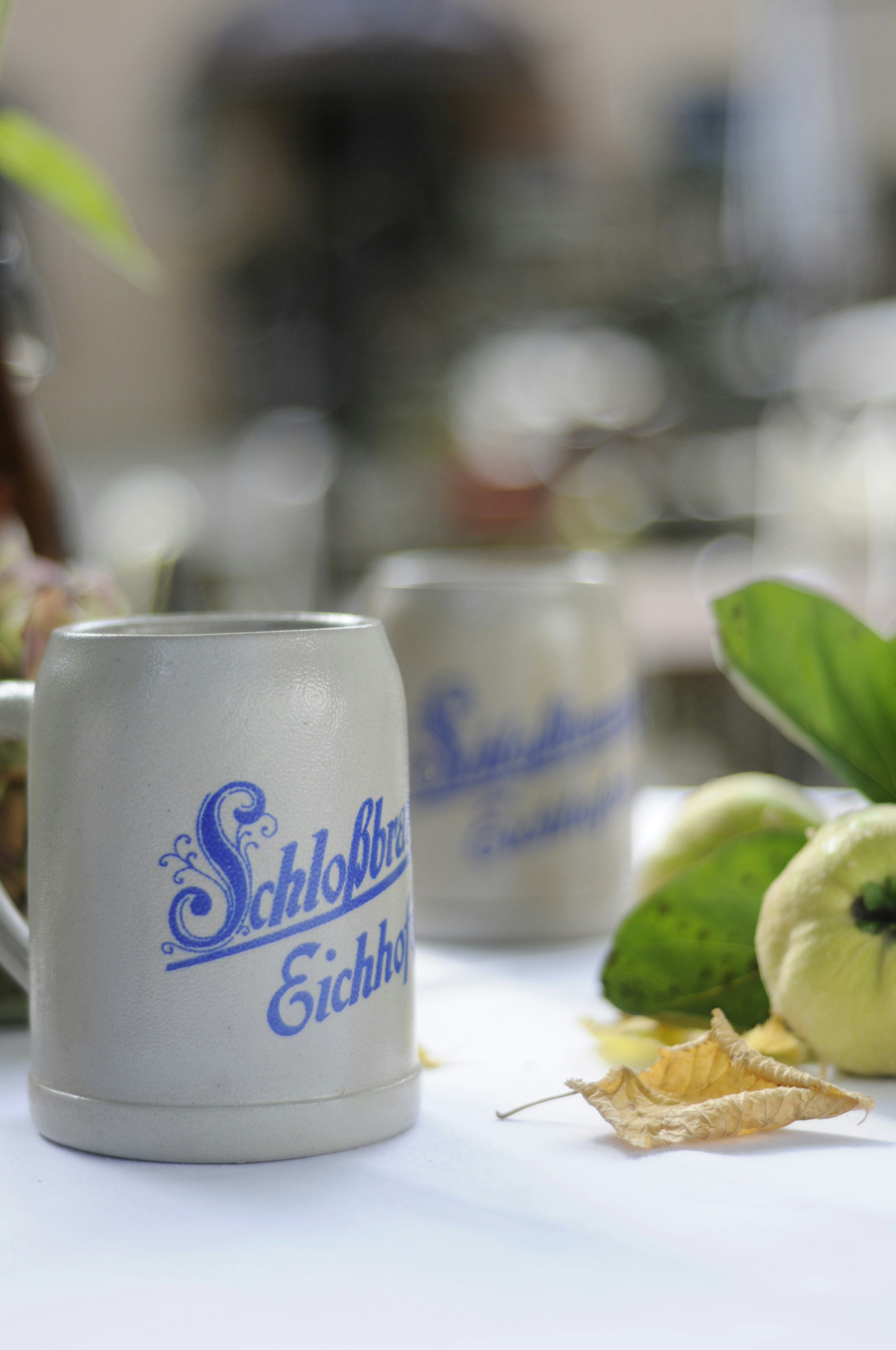 Zwei Steinbierkrüge mit dem Schriftzug des Brauereigasthofs in Eichhofen