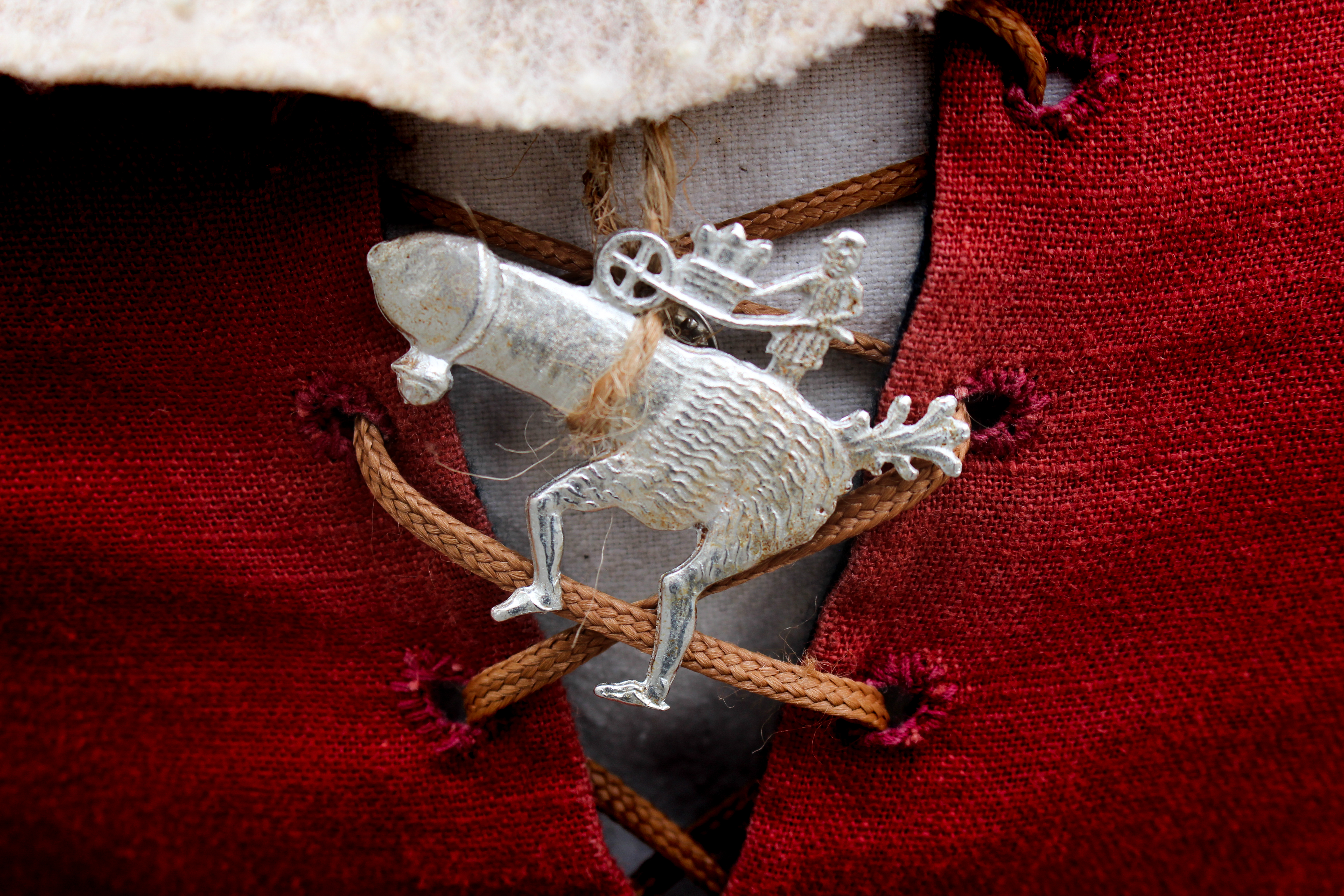 Detailansicht eines Ansteckers mit einem Phallustierchen