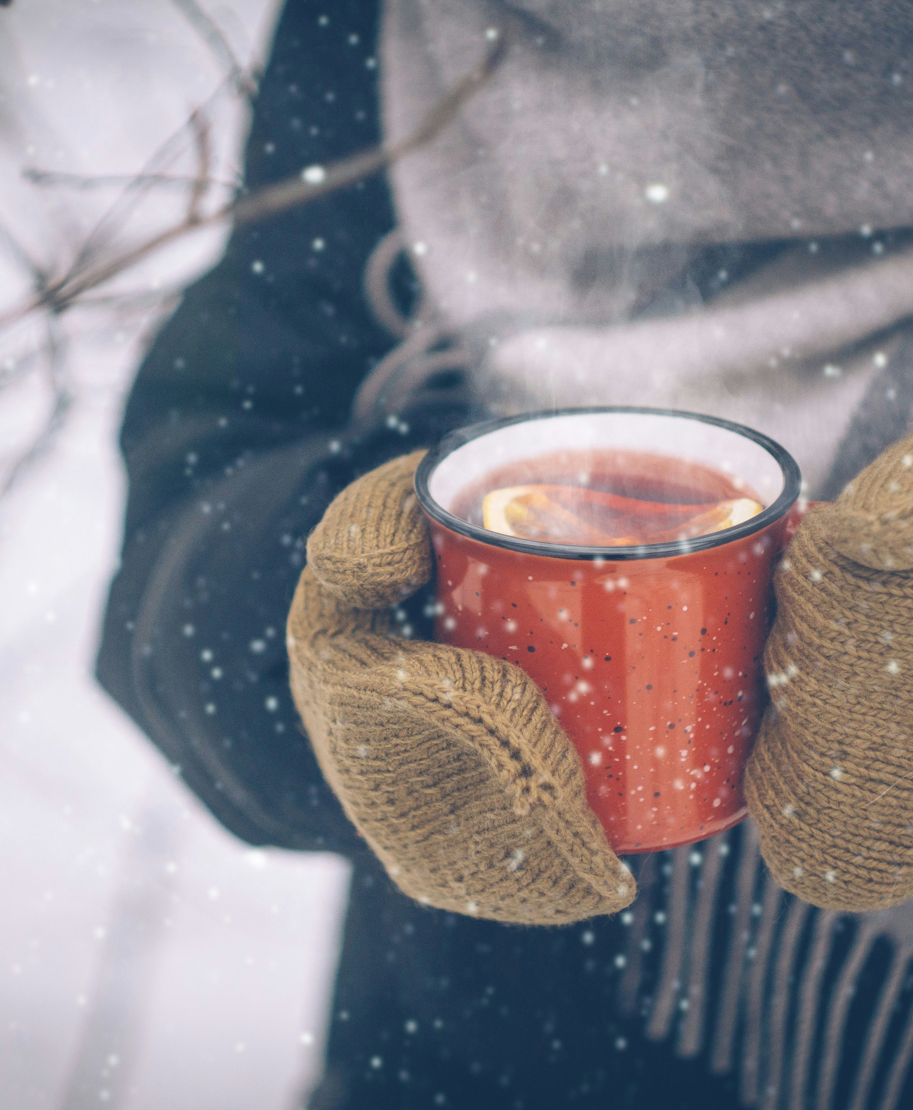 Detailaufnahme von Händen in Handschuhen, die eine Tasse mit dampfendem Inhalt in winterlicher Kulisse halten.