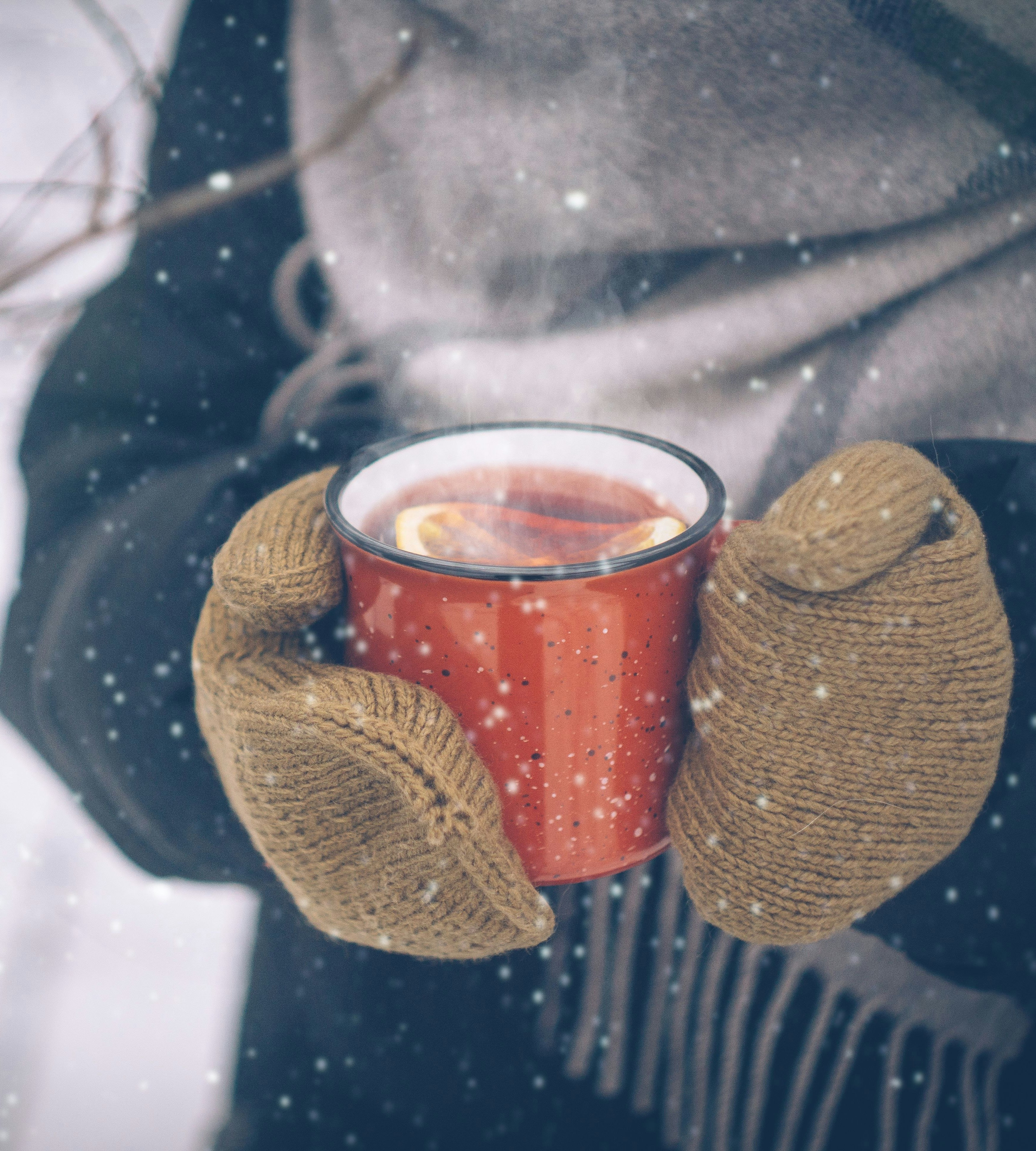 Detailaufnahme von Händen in Handschuhen, die eine Tasse mit dampfendem Inhalt in winterlicher Kulisse halten.