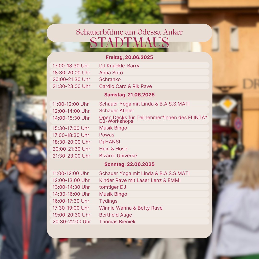 Textlich/grafische Darstellung des Bühnenprogramms für die Bühne in der Thundorferstraße am Odessa Anker