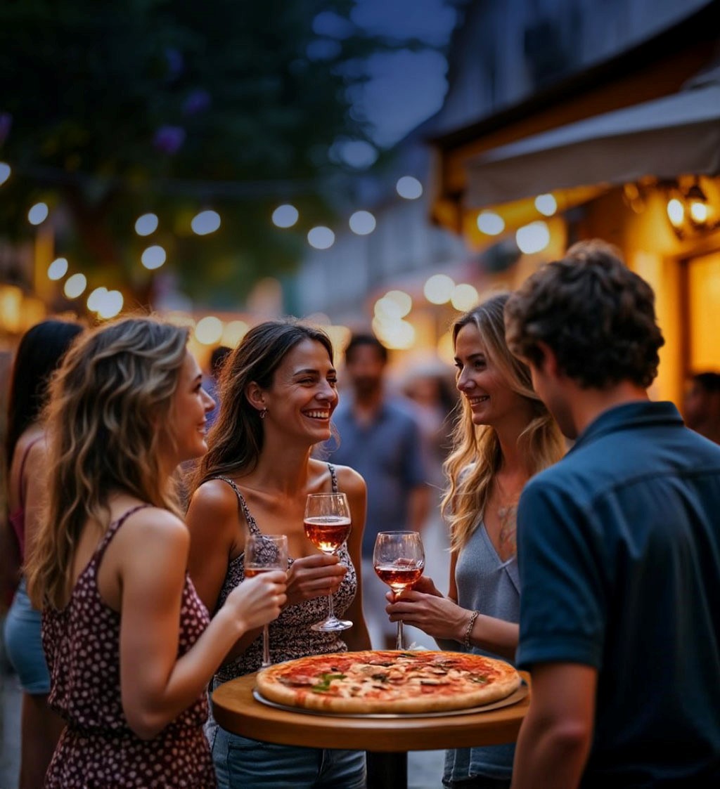Menschen an Stehtisch mit Glas Wein in der Hand