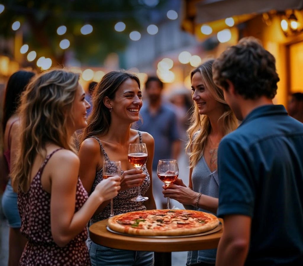 Menschen an Stehtisch mit Glas Wein in der Hand