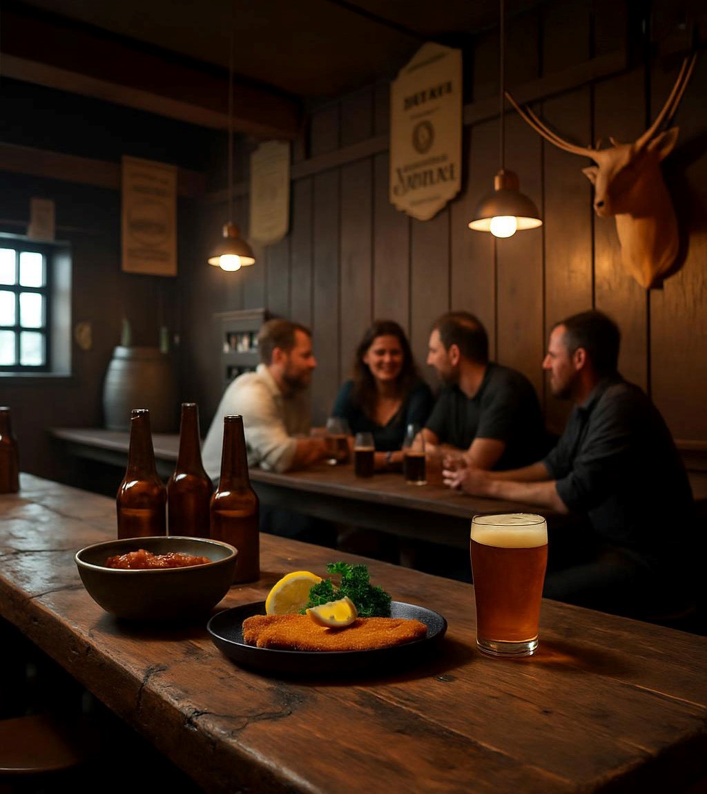 Schnitzel auf einem Tisch, daneben Bier und Bierflaschen. Im Hintergrund sitzen Menschen zusammen