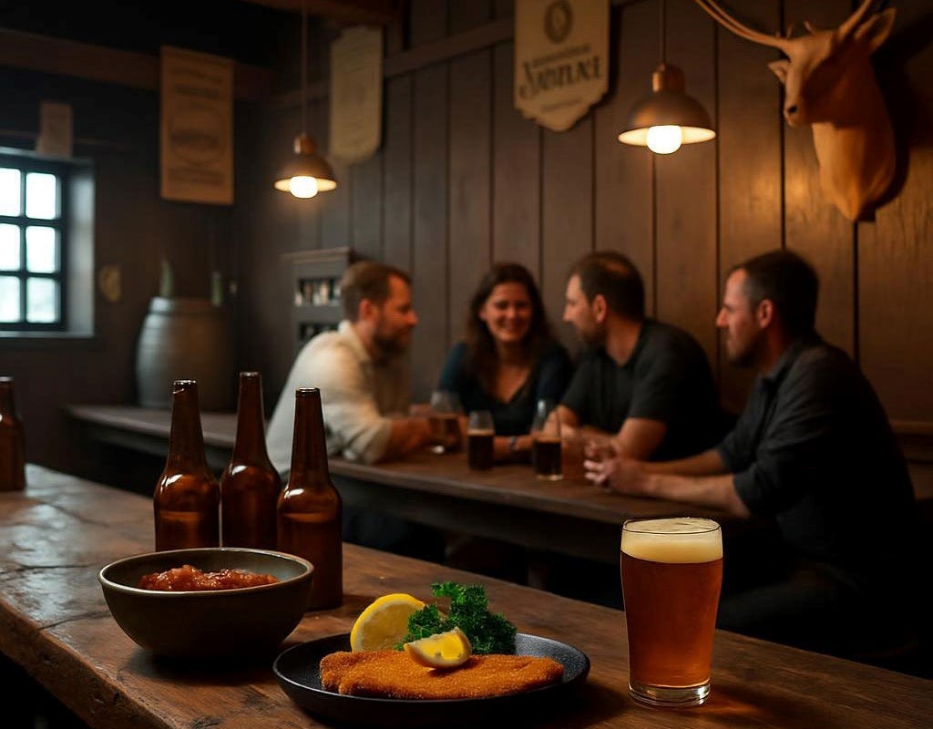 Schnitzel auf einem Tisch, daneben Bier und Bierflaschen. Im Hintergrund sitzen Menschen zusammen