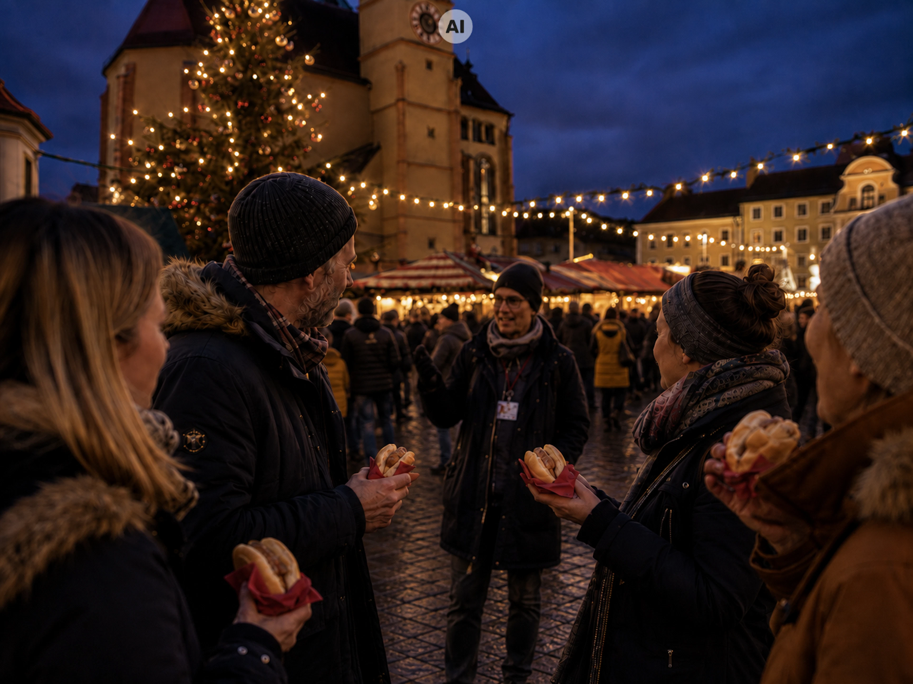 Menschengruppe auf dem Neupfarrplatz mit Guide.