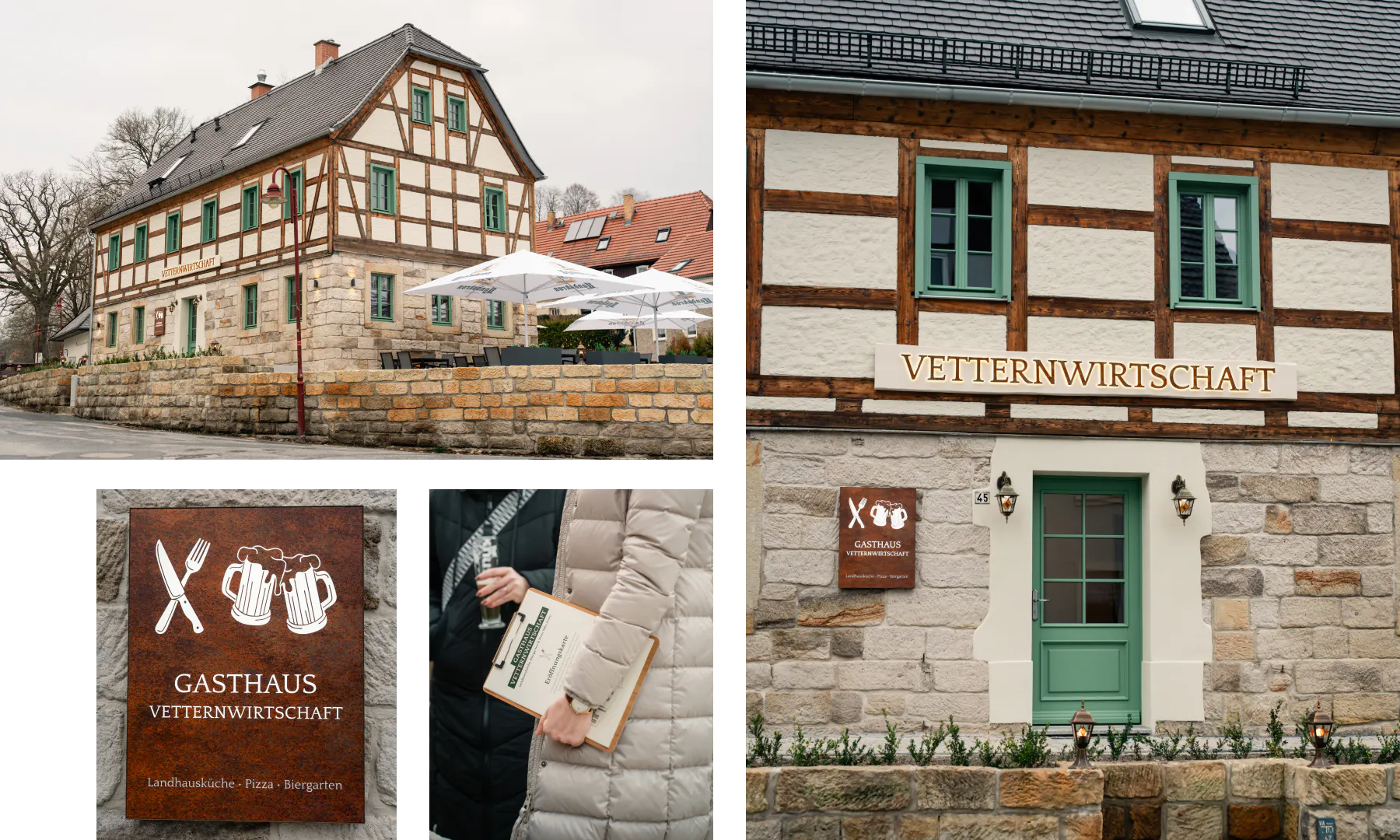 Das Gasthaus von außen mit Fokus auf den Beschilderungen