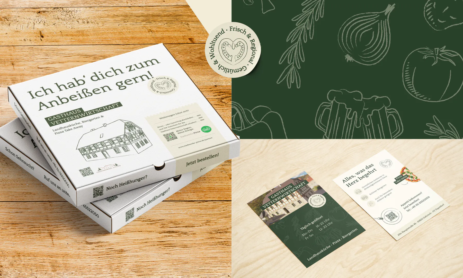 Pizzakarton, Flugblätter und Illustrationen im einheitlichen Design