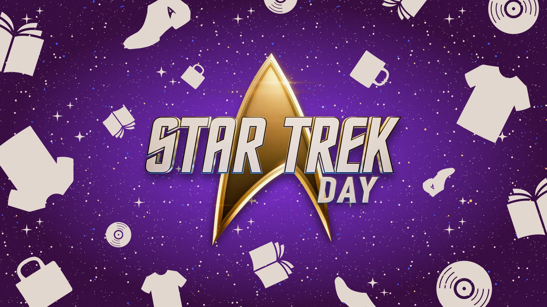 Star Trek Day logo surrounded by iconography of books, boots, vinyl records, shoes, and mugs