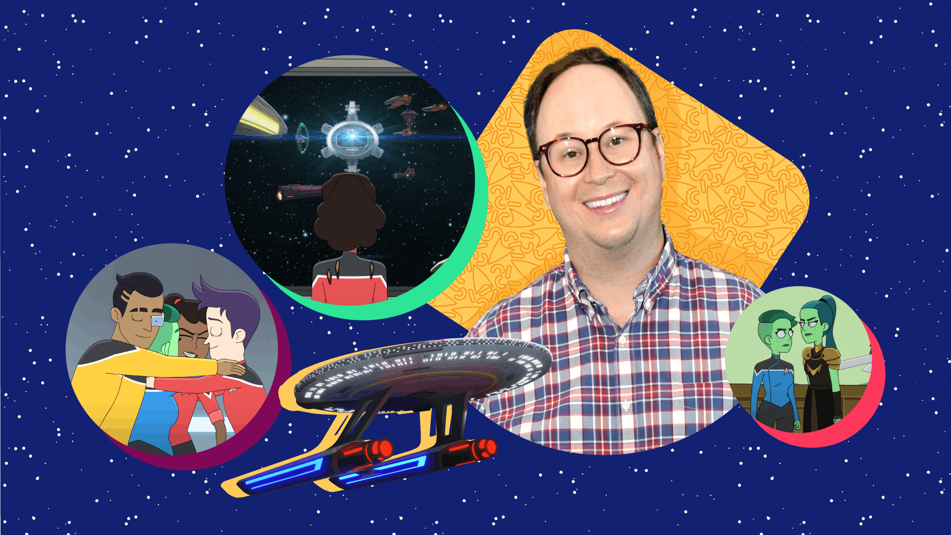 Illustrated banner featuring the Cerritos, Star Trek: Lower Decks showrunner Mike McMahan, and episodic stills from Season 4's finale