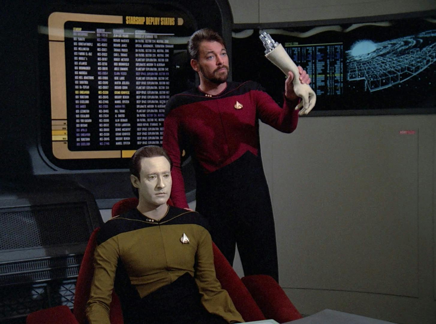 At the hearing, Riker lifts Data's hand to show the tribunal in 'The Measure of a Man'