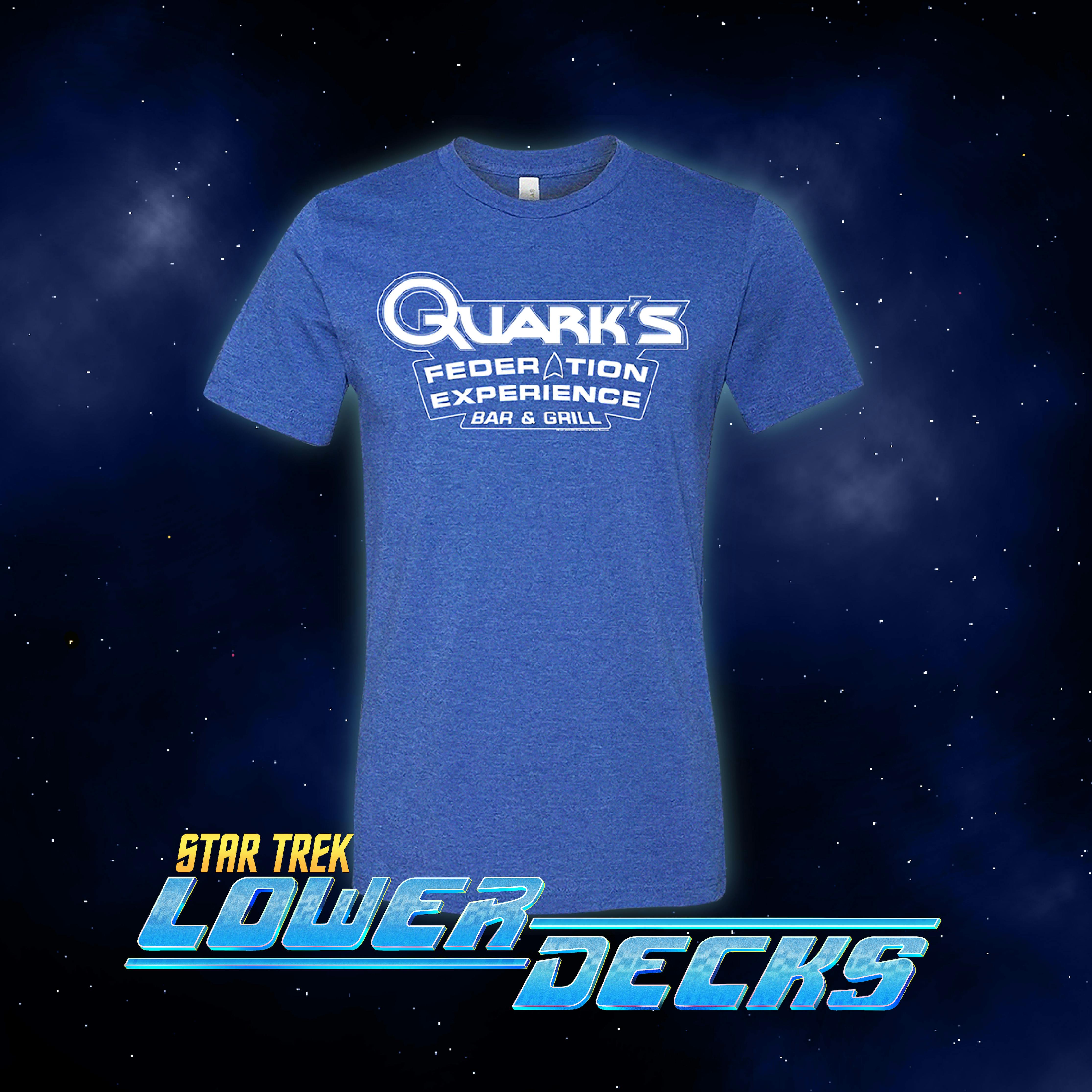 Titmouse's Star Trek: Lower Decks Season 4 Shirt Collective - Week 6 - Parth Ferengi's Heart Place - featuring the text 'Quark's Federation Experience Bar & Grill'