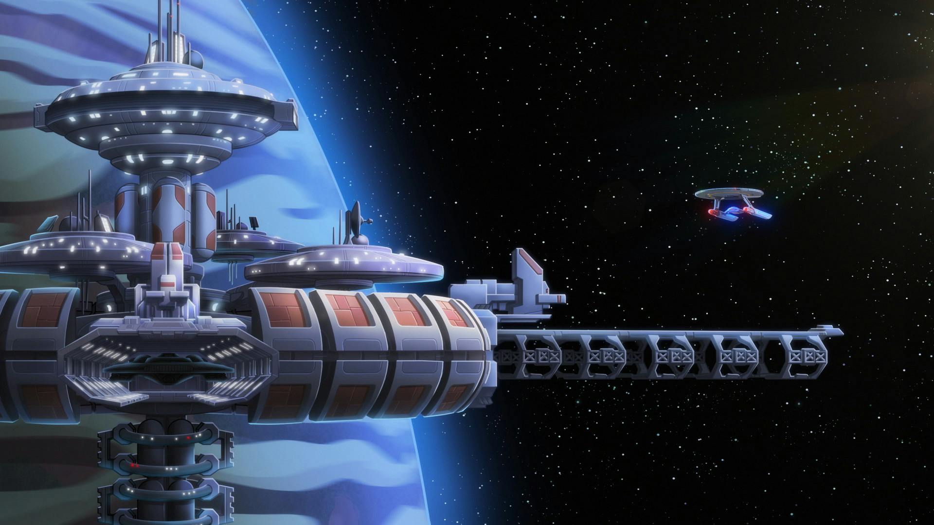 Cerritos starship flying near a larger station, as seen on Star Trek: Lower Decks 401 'Twovix'