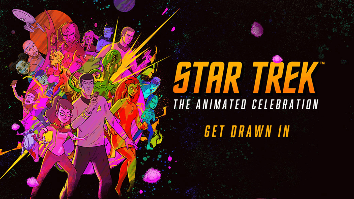 Star Trek: The Animated Celebration explosion key art with the tagline 'Get Drawn In'