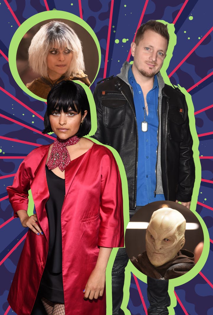 Graphic illustration featuring Eve Harlow and her Star Trek: Discovery character Moll and Elias Toufexis and his character L'ak