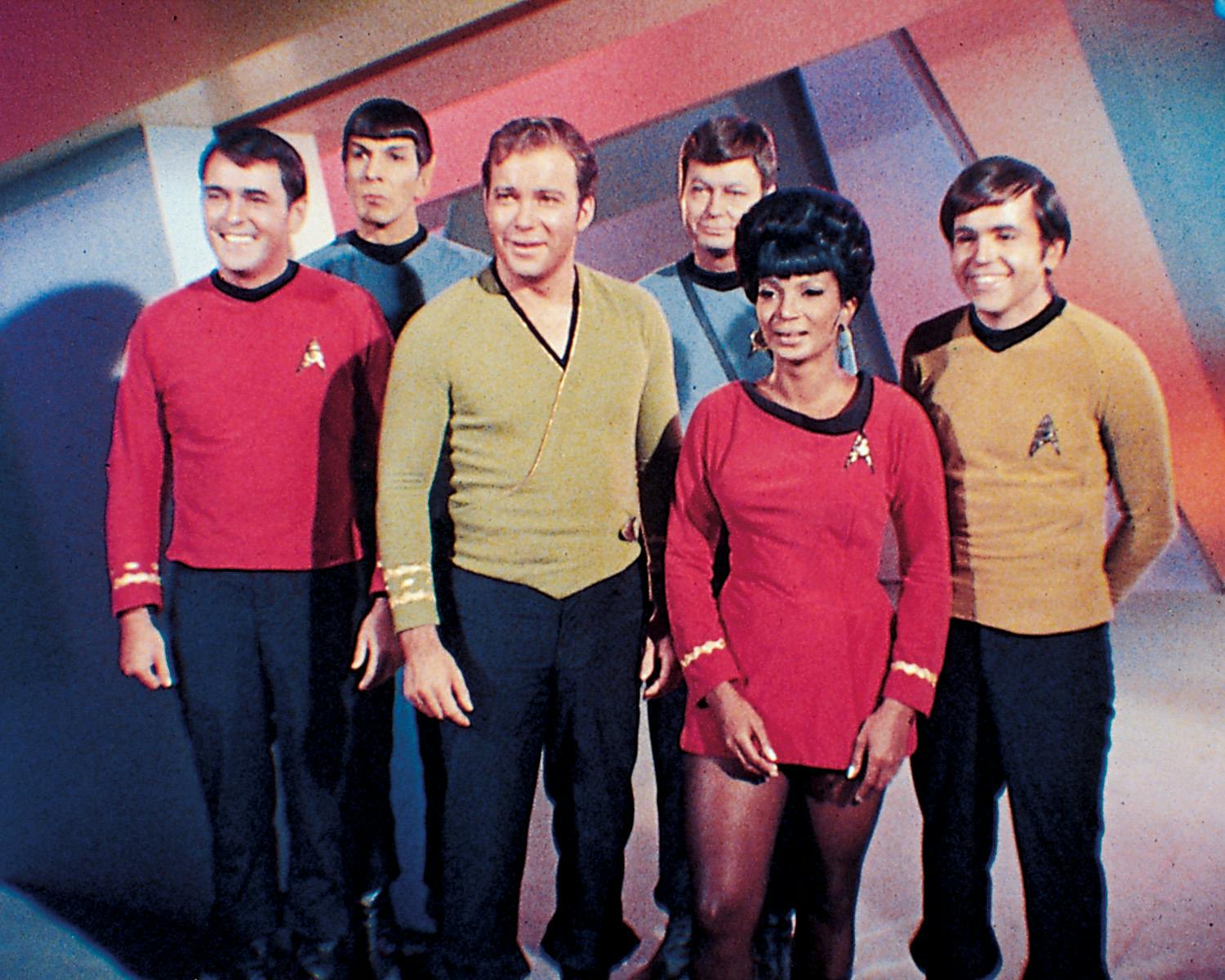 Star Trek: The Original Series cast group photo (Scotty, Spock, James Kirk, Bones, Uhura, and Chekov)