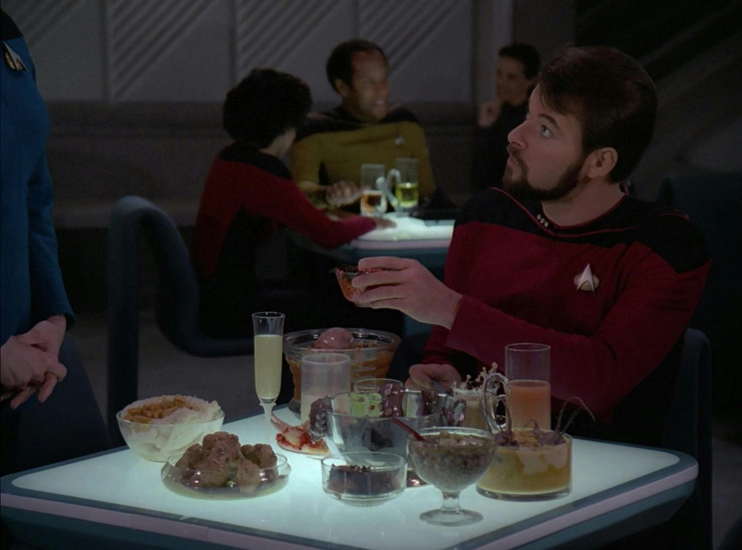 Riker enjoys a spread of Klingon food at 10 Forward in preparation of his time serving on a Klingon ship in 'A Matter of Honor'