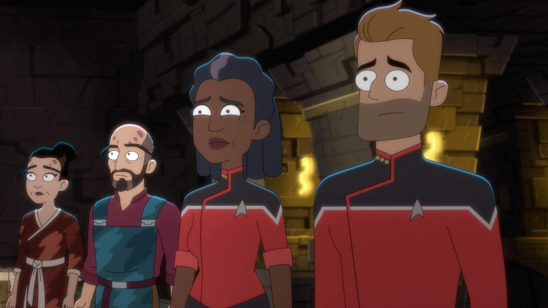 In the Vexilon's temple, a worried Freeman and Ransom stand beside two Corazonians as they all look glumly ahead in 'In the Cradle of Vexilon'