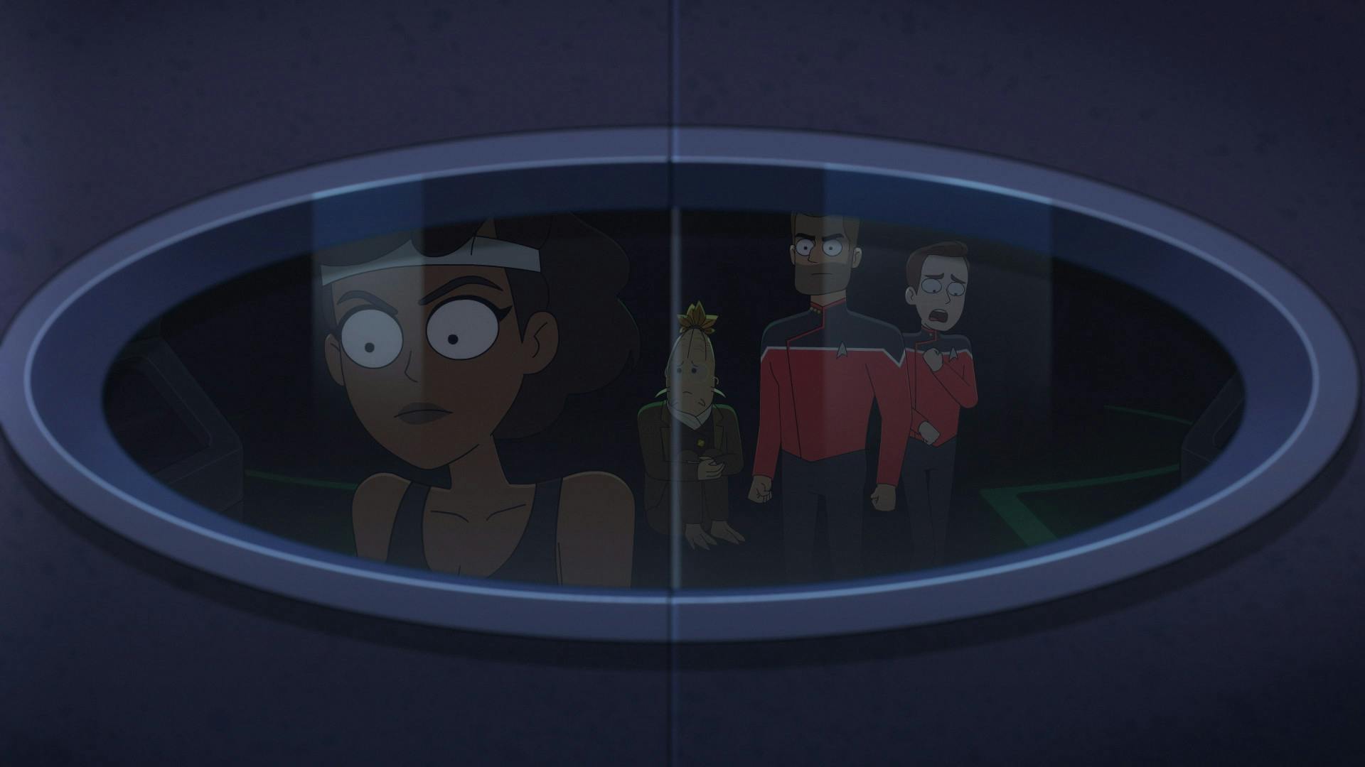 Mariner looks out an oval window, as Narj, Ransom, and Gary stand behind her, as seen in Star Trek: Lower Decks 402 'I Have No Bones Yet I Must Flee'