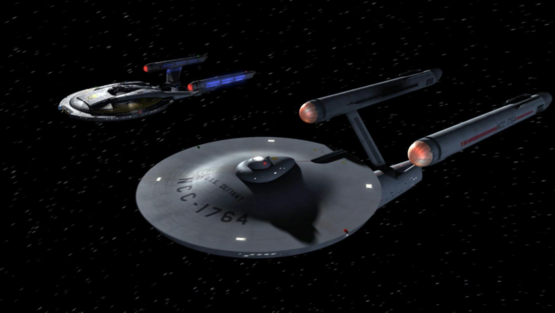 The U.S.S. Defiant NCC-1764 next to the I.S.S. Enterprise in 'In A Mirror Darkly, Part 2'