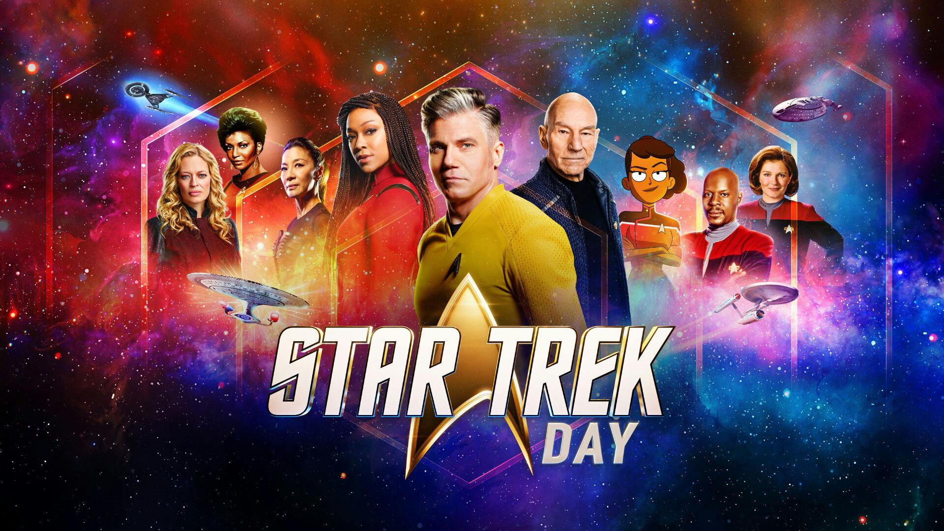 Star Trek Day 2023 graphic featuring Seven of Nine, Uhura, Georgiou, Michael Burnham, Christopher Pike, Jean-Luc Picard, Mariner, Ben Sisko, and Janeway