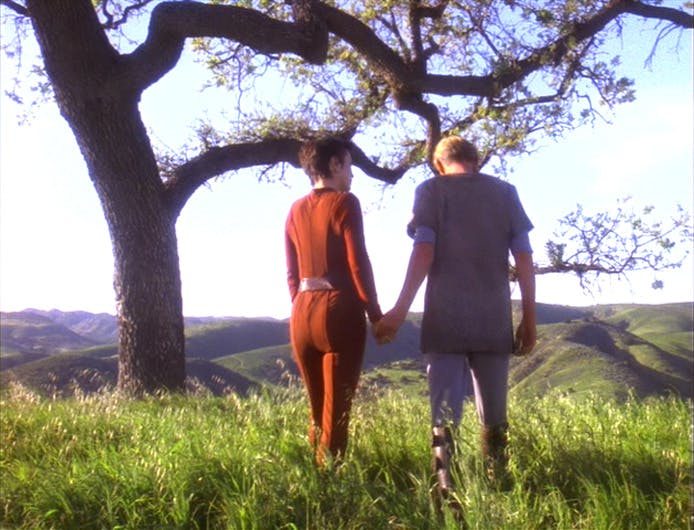 In a field on a bright day, Kira looks over at Odo as they walk hand in hand in 'Children of Time'