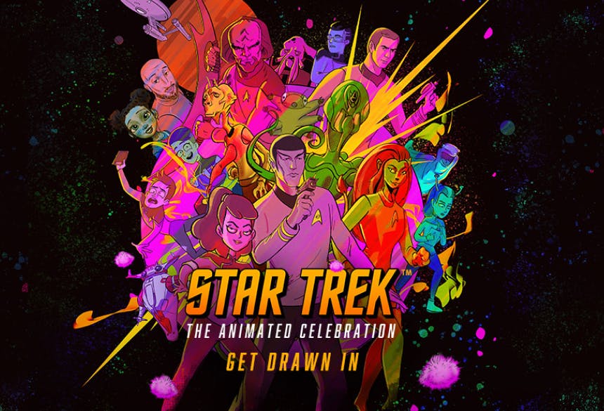 Promotional Art for the Star Trek Animation Celebration showing a collection of Star Trek characters in an animated style with the tagline "Get Drawn In" at the bottom