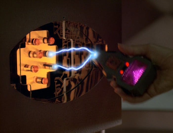 The Dreadnought starship shocks B'Elanna Torres as she approaches its control panel in 'Dreadnought'
