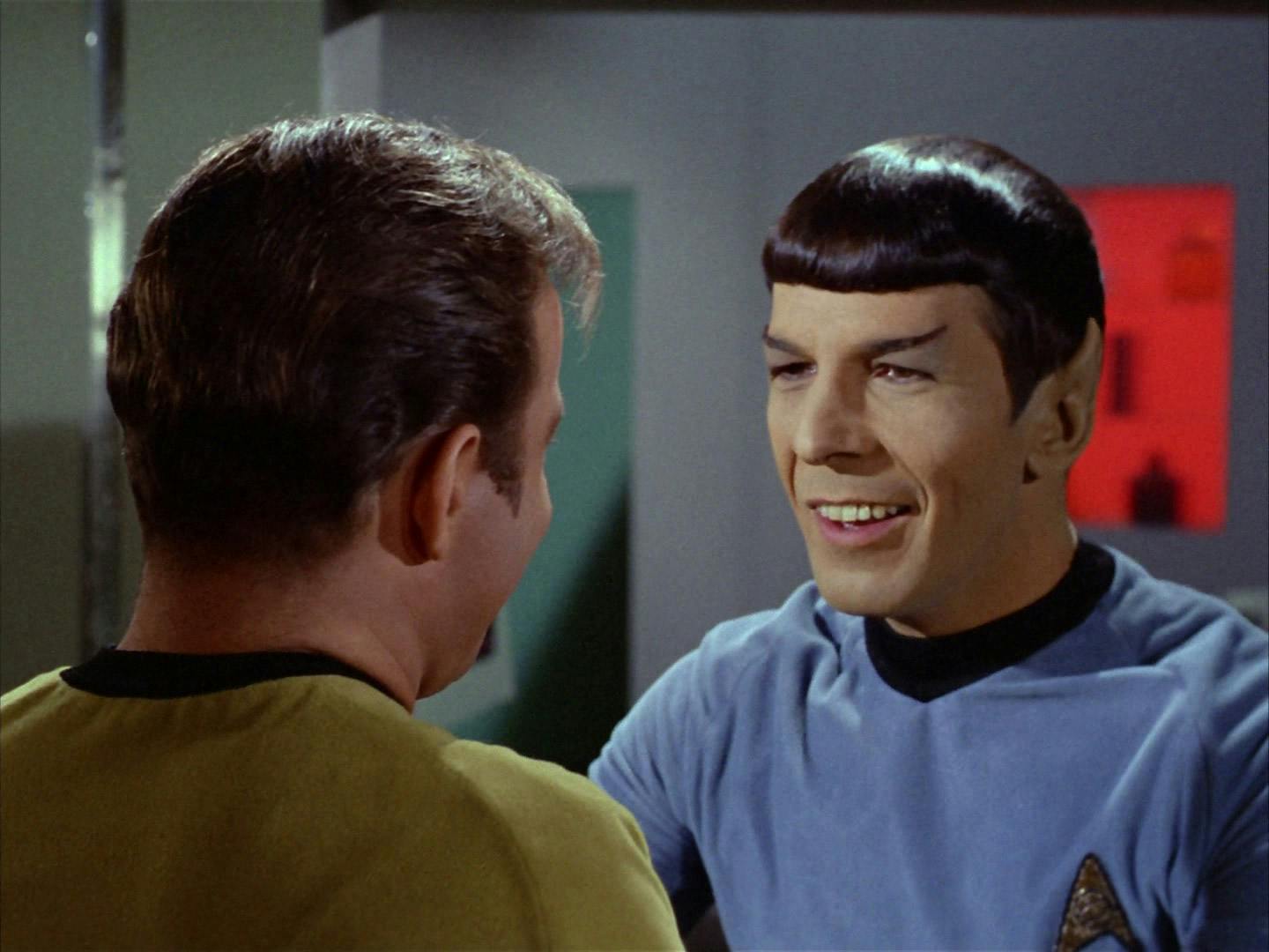 Spock smiles in relief that Kirk isn't dead and standing right before him in 'Amok Time'
