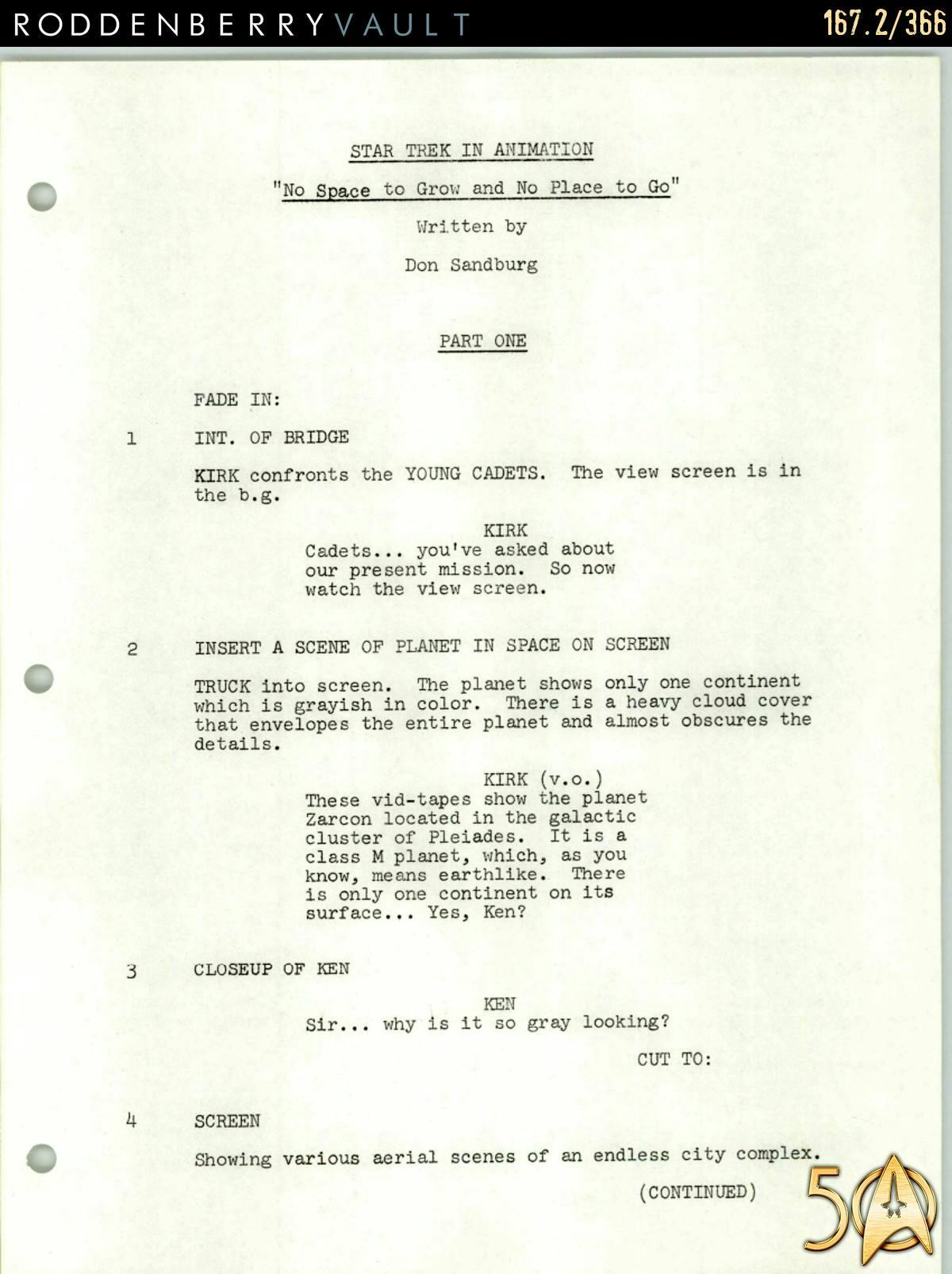 From the Roddenberry 366 Vault - The Animated Series - (unproduced) 'No Space to Grow and No Place to Go' script written by Don Sandburg