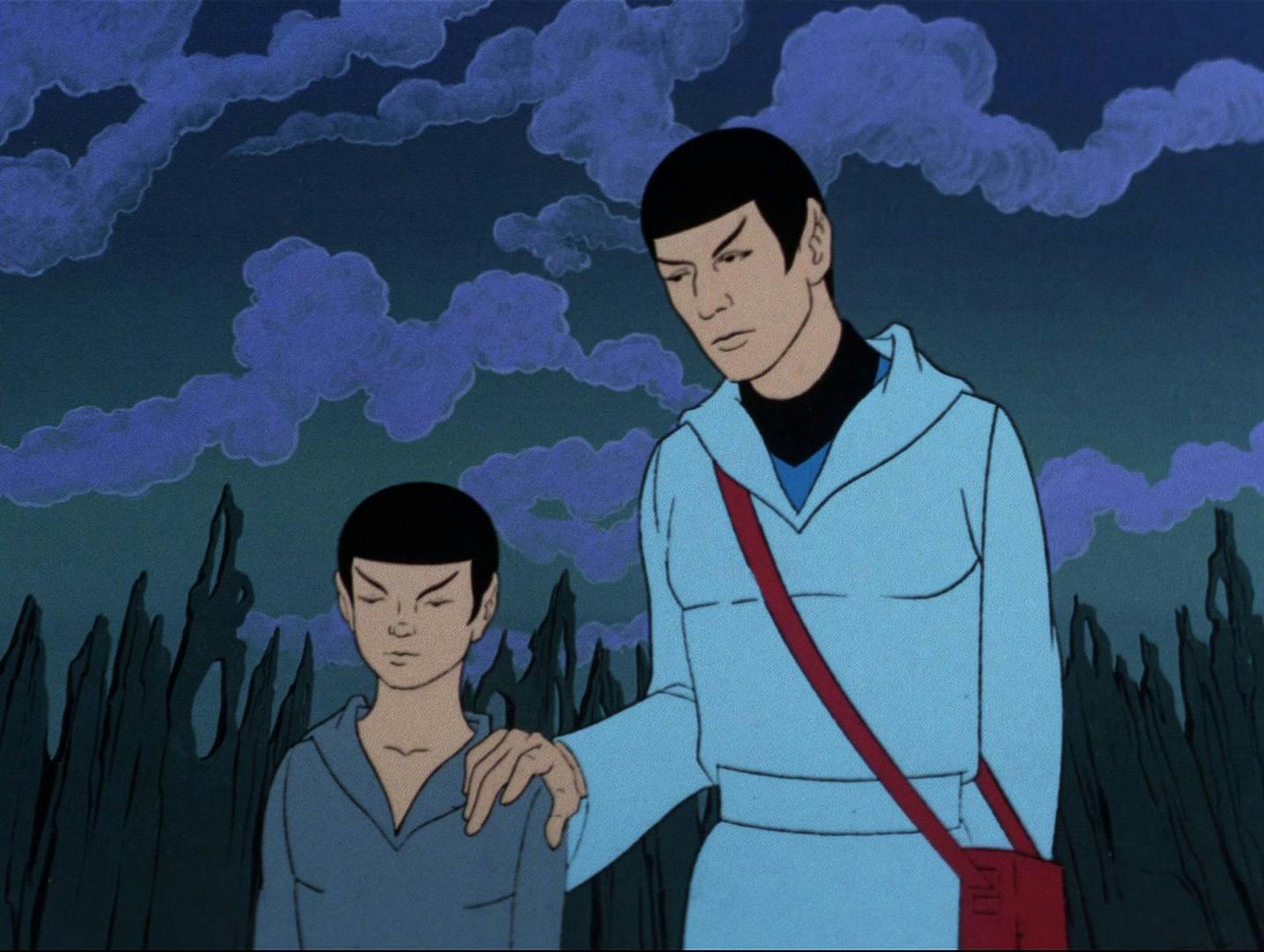 Adult Spock plays his hand on the shoulder of young Spock who is grieving the state of I-Chaya, their beloved pet sehlat in 'Yesteryear'