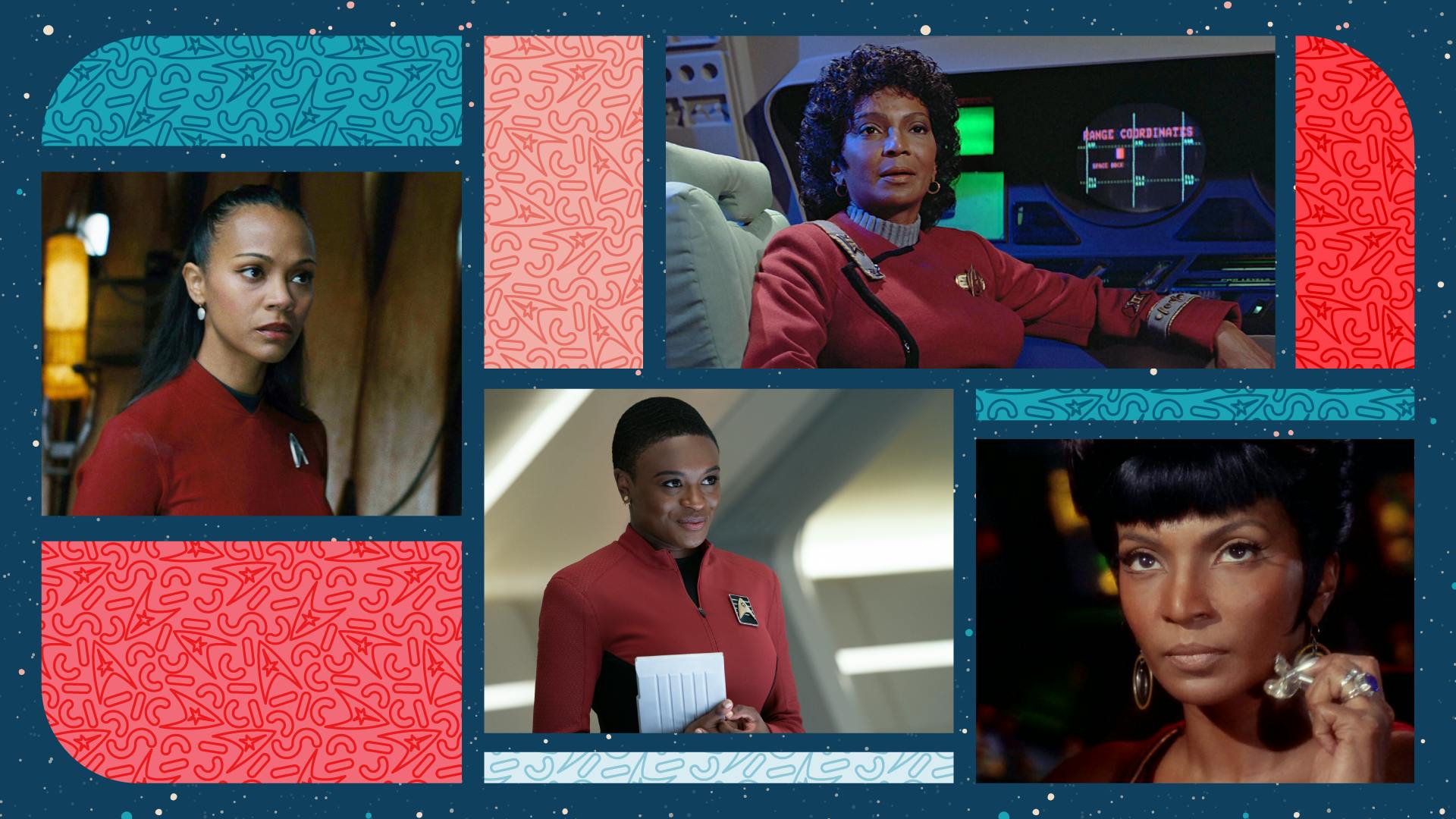 Collage of Uhura moments featuring Zoe Saldana, Nichelle Nichols, and Celia Rose Gooding