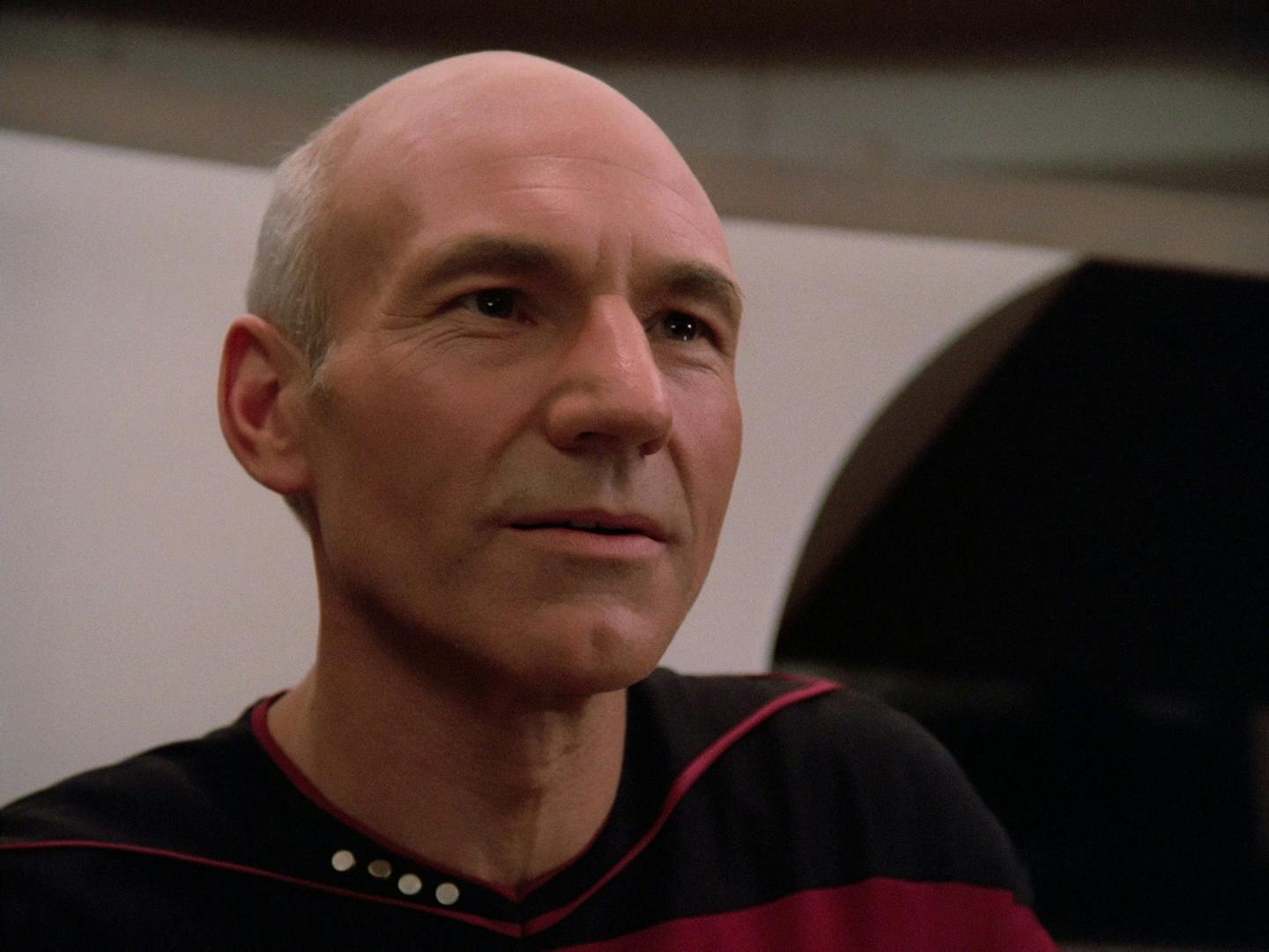 Closing shot of Captain Jean-Luc Picard looking at the Enterprise-D's viewscreen awaiting what lies ahead on their five year journey in 'Encounter at Farpoint'