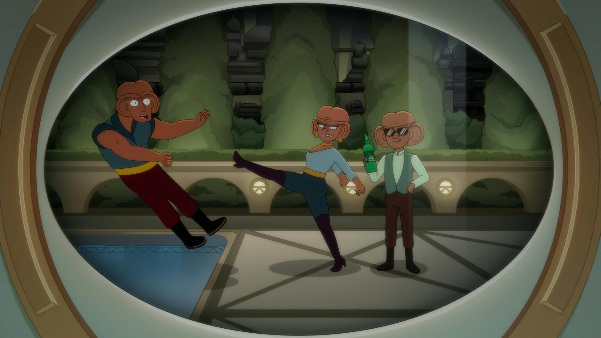 A Slug-o-Cola commercial where a Ferengi man flexes sporting his sunglasses as a Ferengi woman kicks her boyfriend into the pool in 'Parth Ferengi's Heart Place'