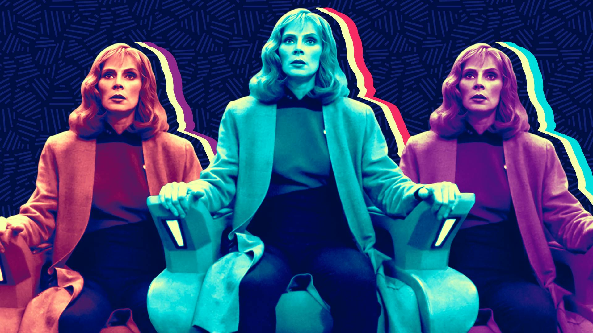 Stylized and filtered image of Beverly Crusher in the captain's chair