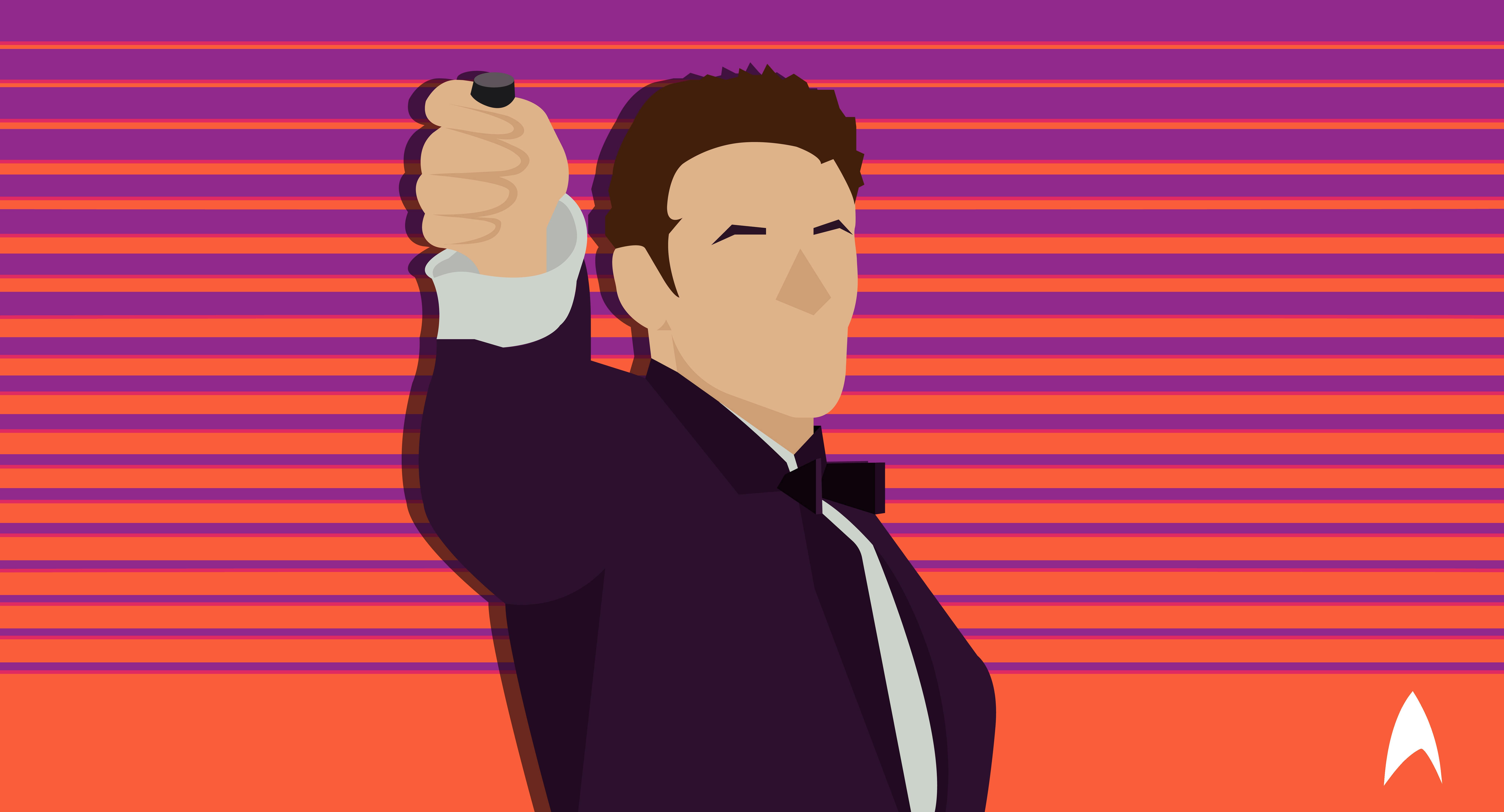 Illustration of a suited Julian Bashir raising his right arm and pointing his phaser