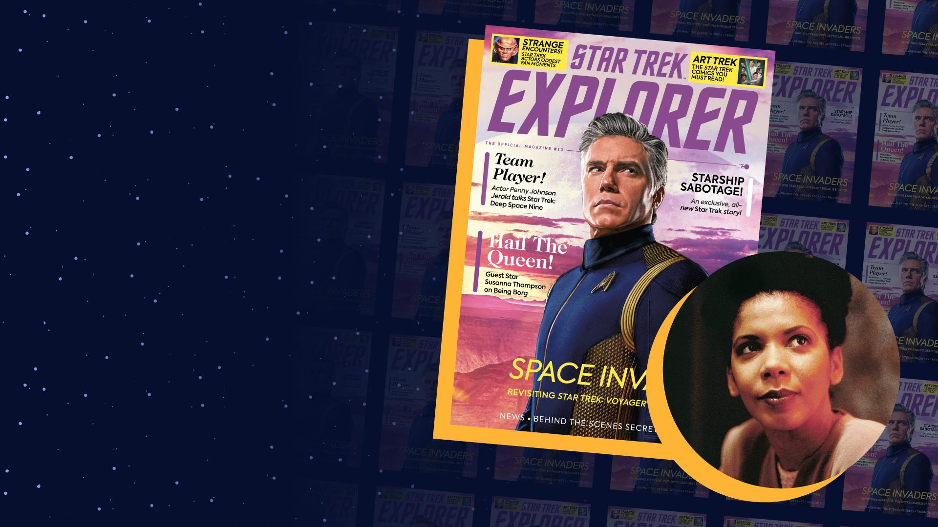Banner featuring Star Trek Explorer #10 cover issue and Star Trek: Deep Space Nine episodic image of Penny Johnson Jerald as Kasidy Yates