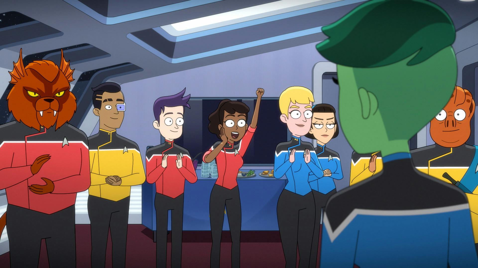 Surrounded by her friends and crewmmates, Tendi is promoted while they all congratulate her in 'Twovix'