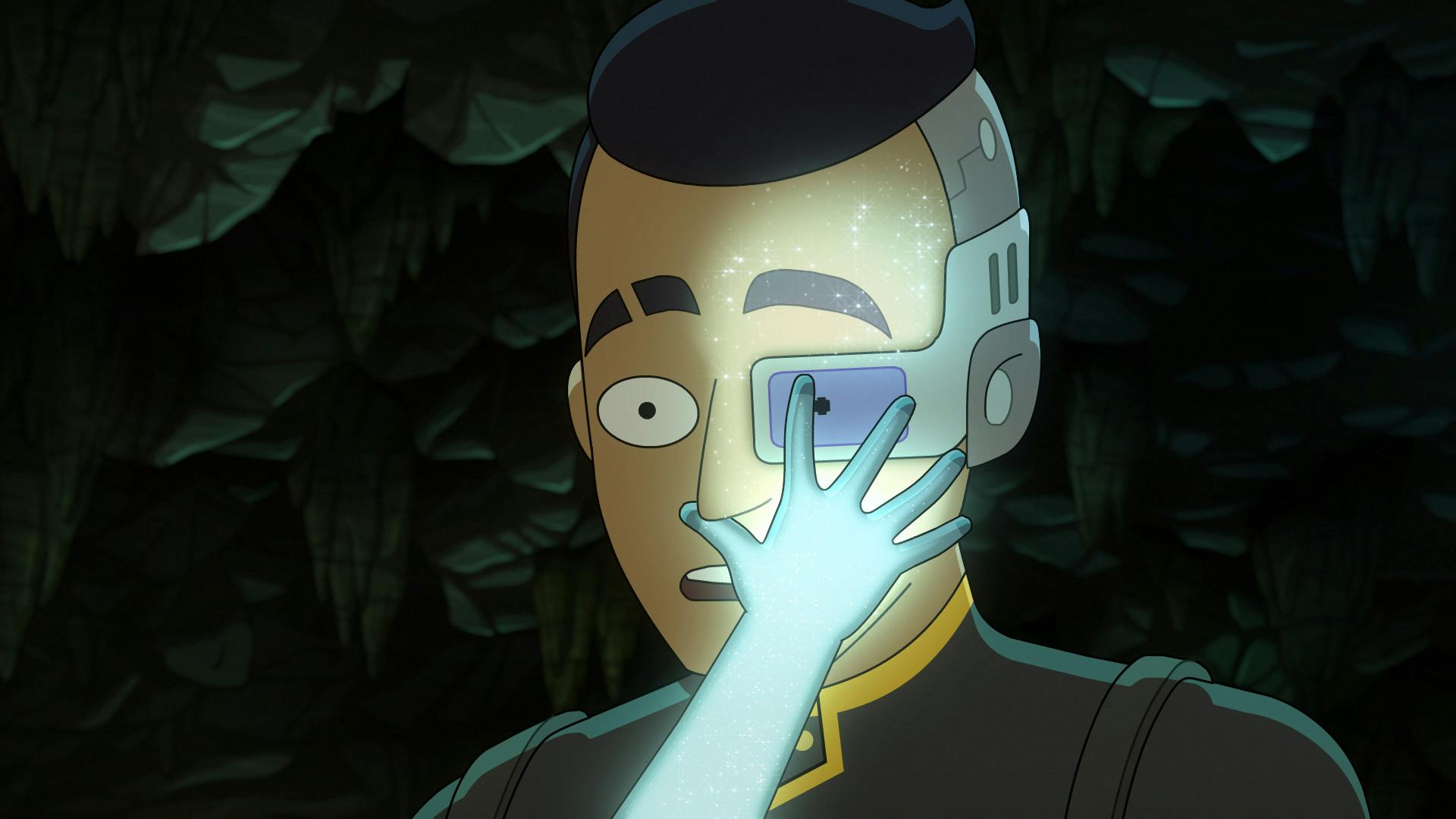 Thusa places her glowing hand to Rutherford's face transferring her essence as she gasps her last breath in 'Caves'